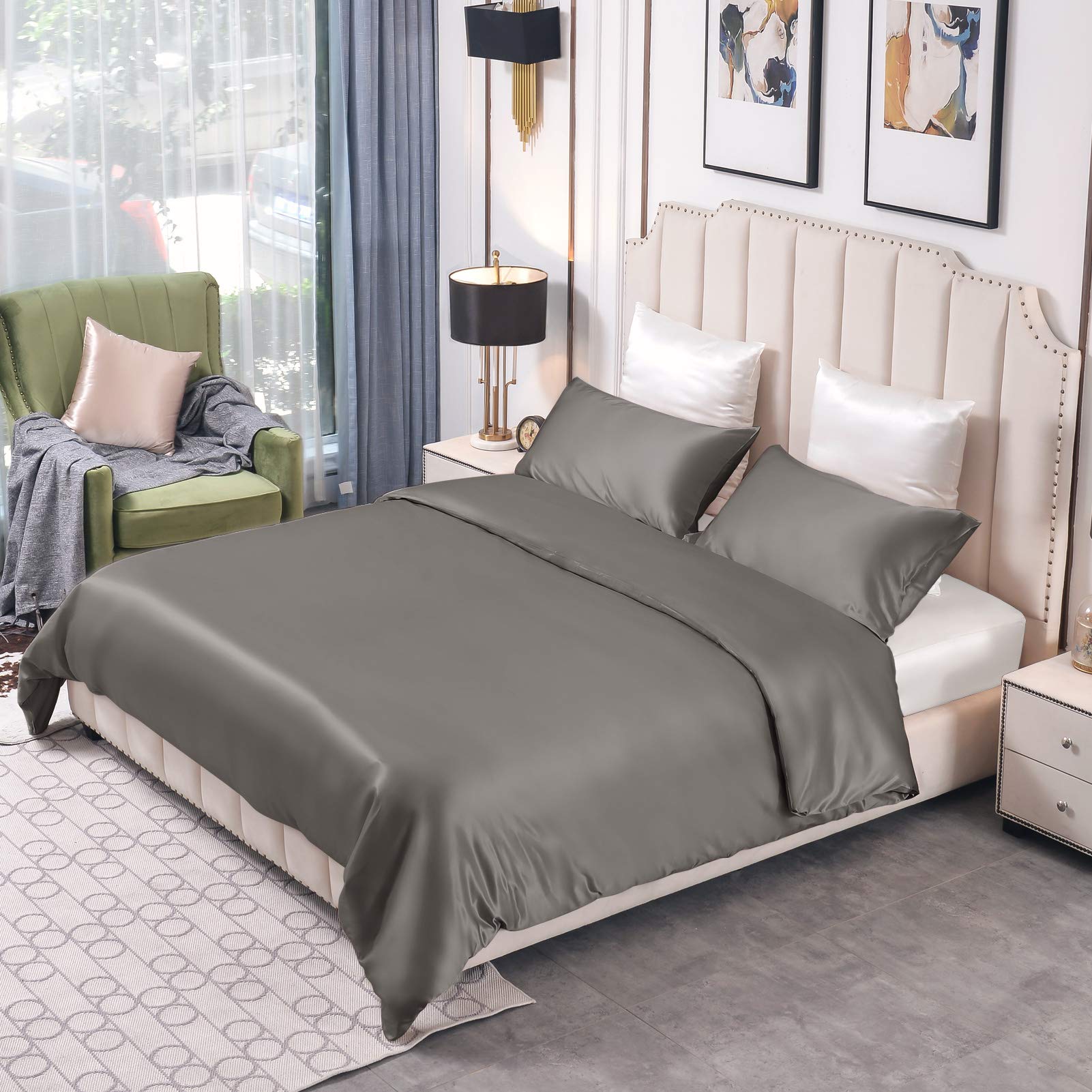THXSILK 25 Momme Seidenbettwäsche Set 3 teilig, Bettbezug 200 x 220 cm und 2 Kissenbezüge 40 x 80 cm, Hypoallergen Maulbeerseide Bettwäsche Set, Ultra Weich und Glatt, Holzkohle