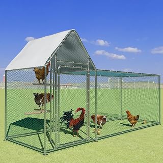Large Metal Chicken Coop with Climbing Frame Walk-in Poultry Cage with Waterproof&Anti-UV Cover, Galvanized Steel Spire Top Coops with Door for Outdoor Backyard Farm Use 9.8×3×5ft