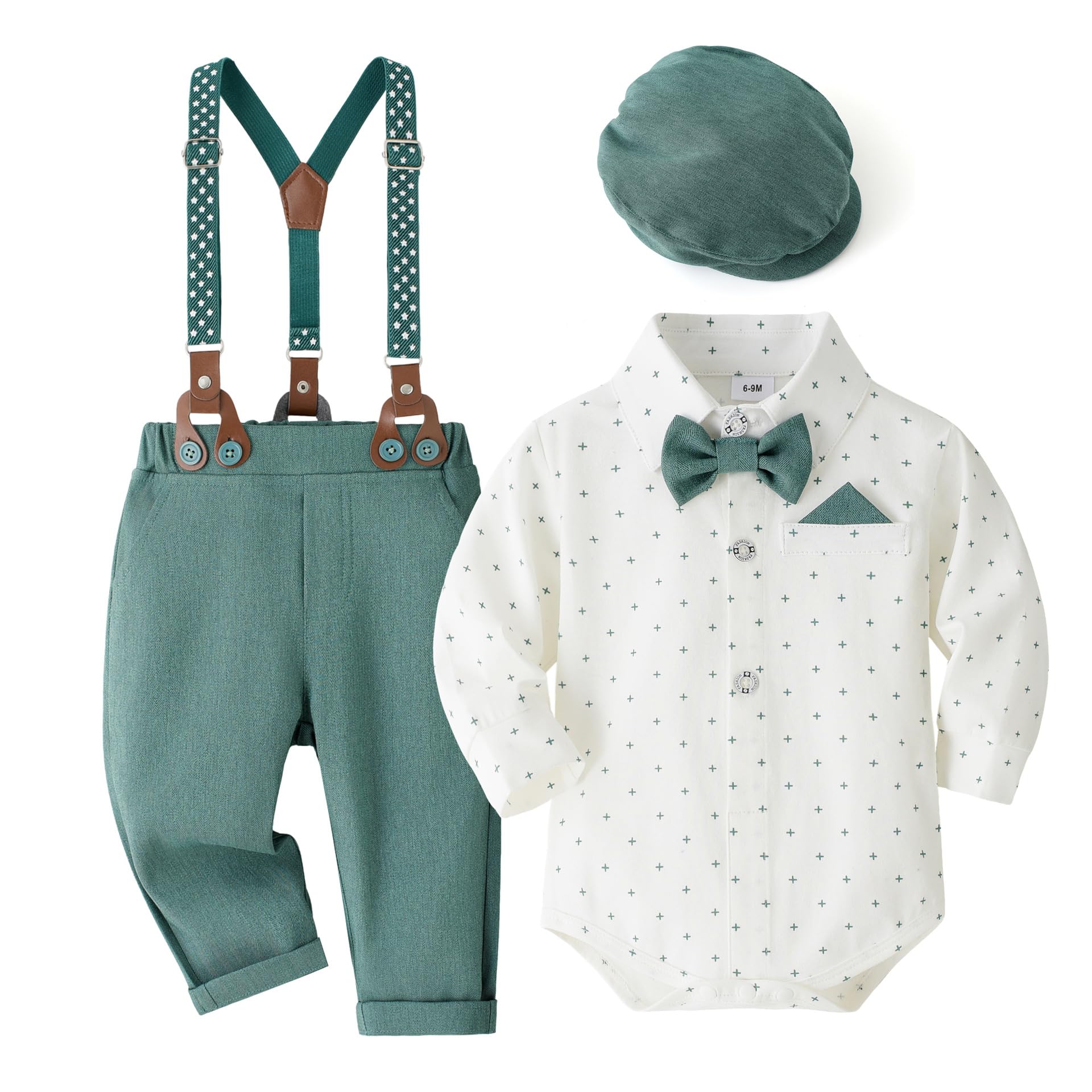 Volunboy Bebé Niño Caballero Conjunto, Cuadros Camisa con Pajarita + Tirantes Pantalones 4 Piezas Traje Ropa
