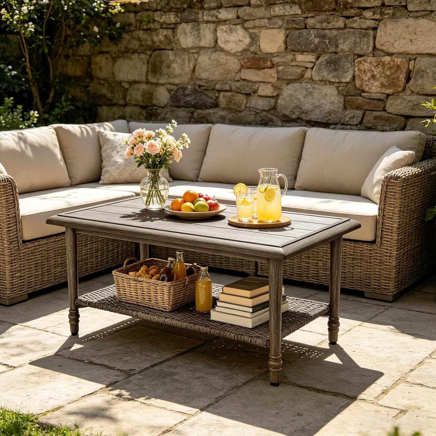 Outdoor Wicker Coffee Table, 2-Tier Patio Side Table with Storage Shelf, Rectangular Modern Coffee Table with Faux Wood Top, for Porch Garden Balcony Garden (1Pcs-Long)