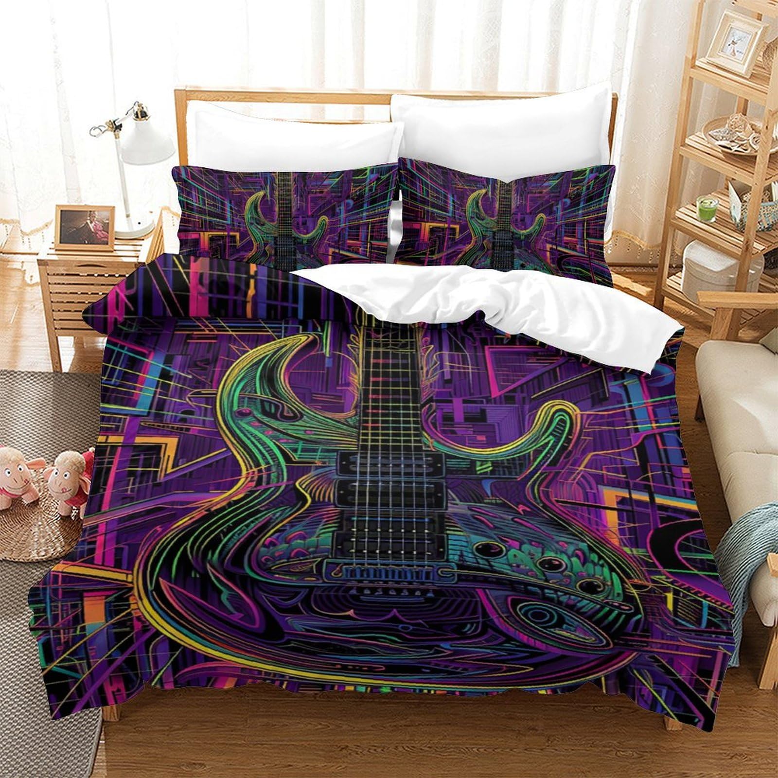 Parure de lit guitare 3D 140x200 en microfibre premium de qualité supérieure avec taies