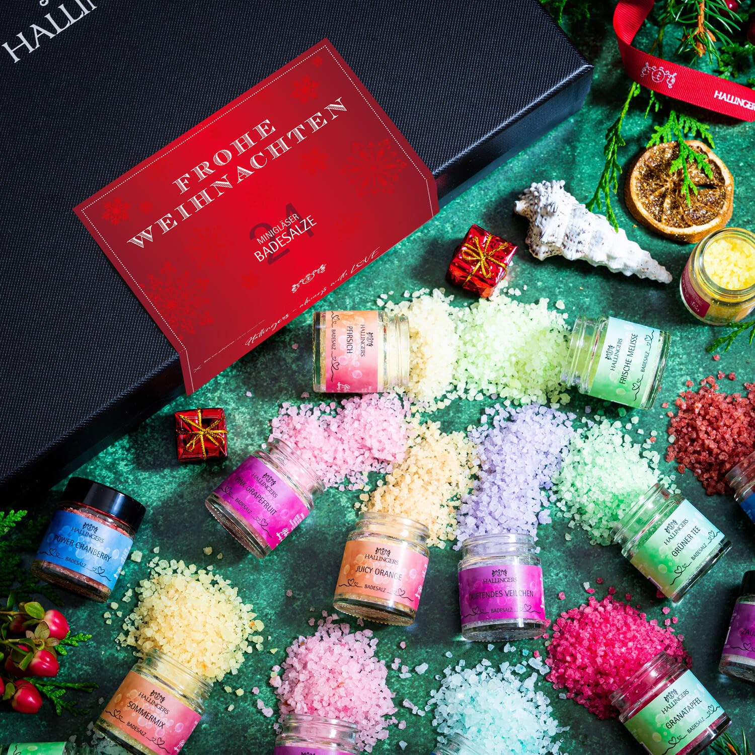 Hallingers Genuss Manufaktur Badesalze Weihnachts-Geschenk-Set - 24x Badezusatz mit Totes Meer Badesalz edle Geschenkbox, Badekristalle Fußbad & Spa "Frohe Weihnachten", Weihnachten für Frauen Männer