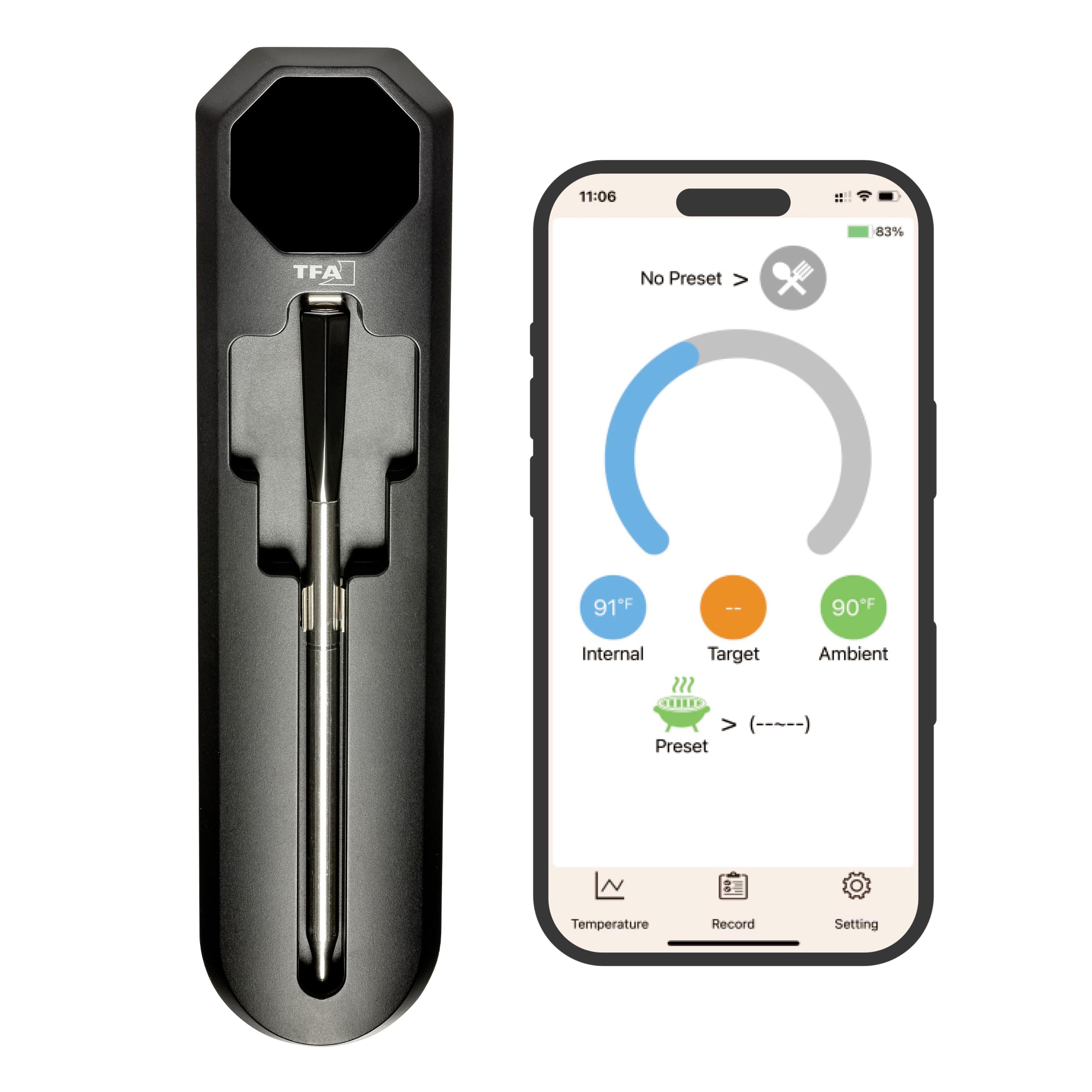 TFA Dostmann SMART BBQ 2 Fleischthermometer Kabellos 100 m, 14.1517.01, Grillthermometer, Bratenthermometer, für Grill Smoker Backofen Airfryer, Geschirrspüler geeignet, bis 300°C, schwarz