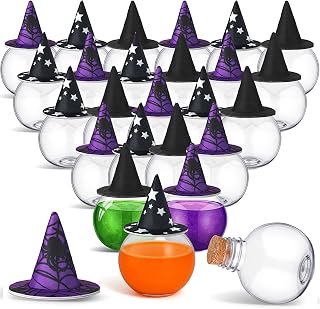 Coume 24 Pcs 6.8oz/ 200ml Spherical Plastic Potion Bottles with Hat Ball Shape Round Bottles for Drink Candy Jar Halloween Party Table Decoration DIY Crafts Gifts Favor