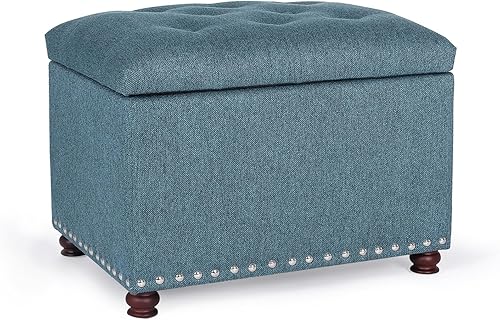 Otomana de 24 pulgadas con almacenamiento, taburete otomano tapizado de tela de lino, reposapiés pequeño con bisagras para sala de estar,