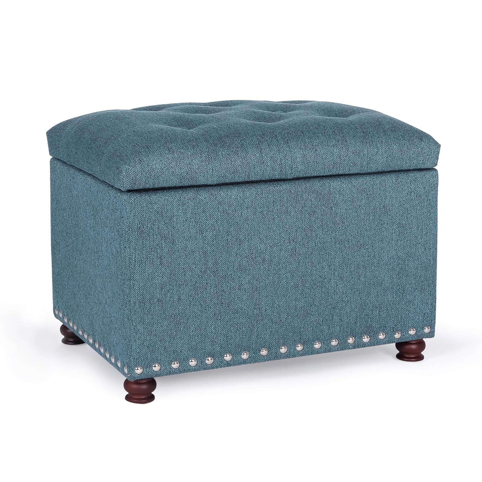 DECO DE VILLE 24'' Ottoman with Storage, Upholstered Storage Ottoman Stool, Linen Fabric Cube Footstools Small, Hinged Foot Rest Stool for Living Room