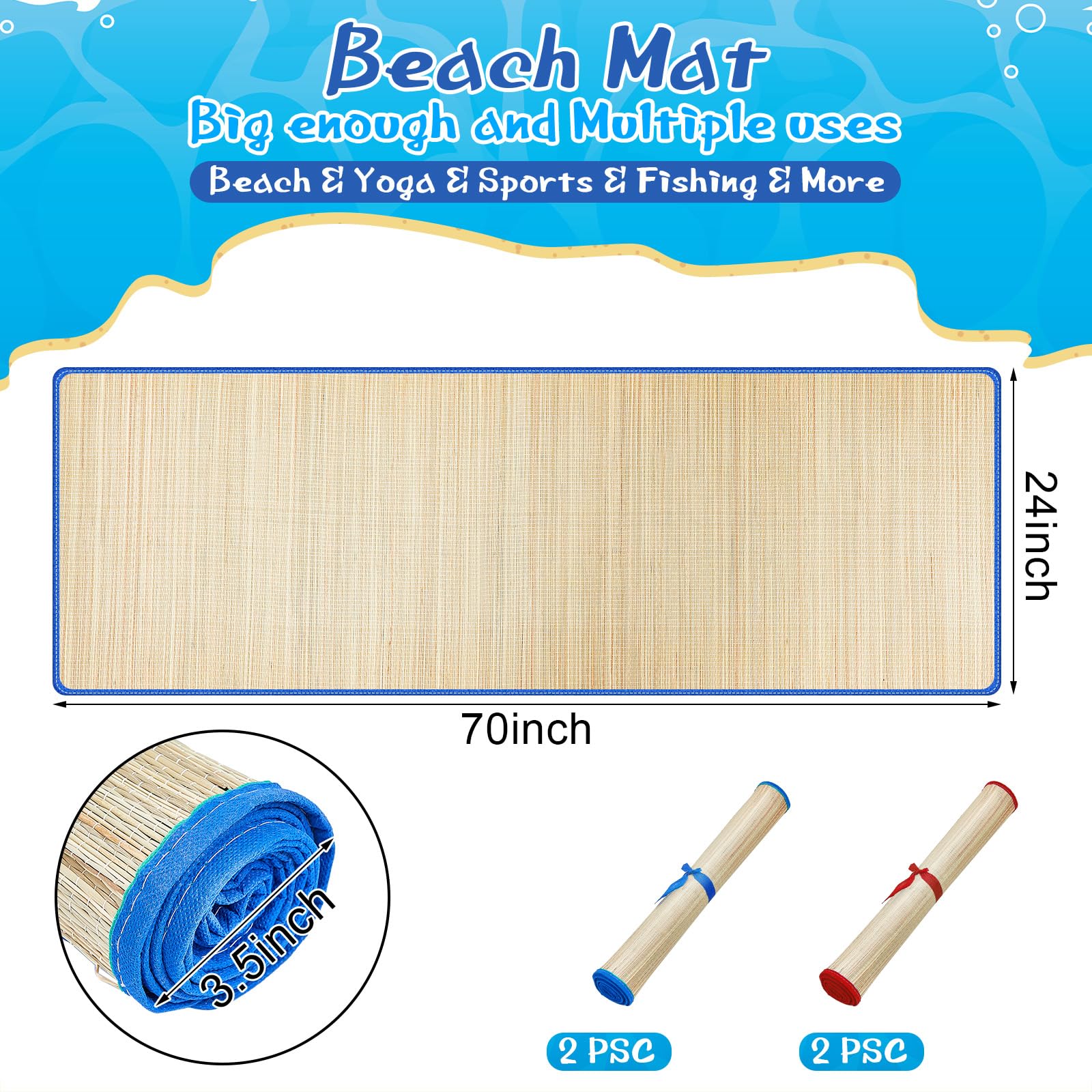 Qunclay Lot de 4 tapis de plage en paille imperméables, antidérapants, pliables et légers avec bordure pour camping, bain de soleil, pique-nique, yoga (bleu, rouge, 177,8 x 61 cm)