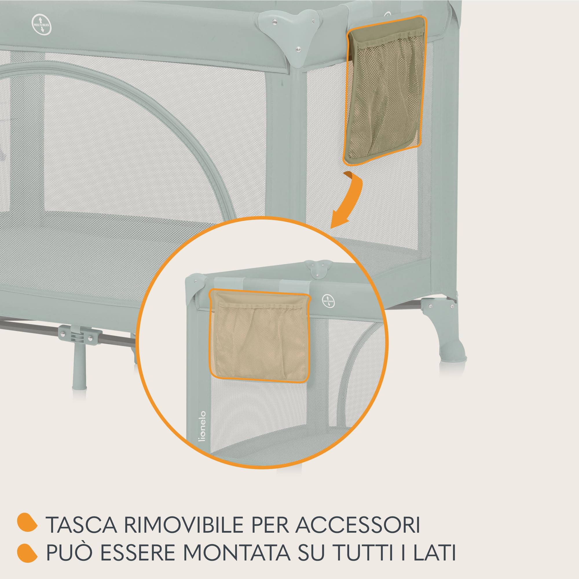 Lionelo LAURA Lettino da viaggio 2 in 1 fino a 15 kg per bambini 0-36 mesi Materassino in schiuma T25 2 livelli altezza Borsa viaggio Ruote con freno