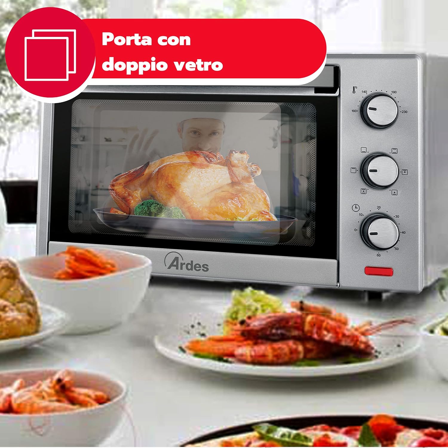 Ardes - AR6226S Fornetto Elettrico Ventilato Capienza 25 Litri con Luce Interna 6 Funzioni Cottura Timer Doppio Vetro con Accessori Modello Magnus