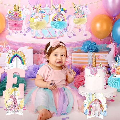 Miniatura 3 de 9 piezas de centro de mesa de unicornio arcoíris con diseño de panal de abejas para decoración de cumpleaños de unicornio rosa para niñas