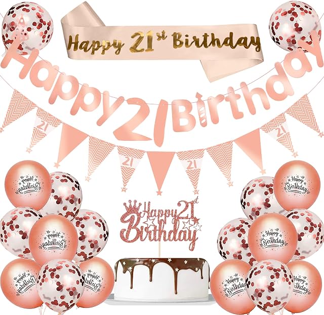 21st Birthday Decorations, 24PCS Rose Gold Party Decorations Happy Birthday Balloons, Happy Birthday Banner Triangle Flag Birthday Sash Cake Topper, Perfect Birthday Decoration for Women