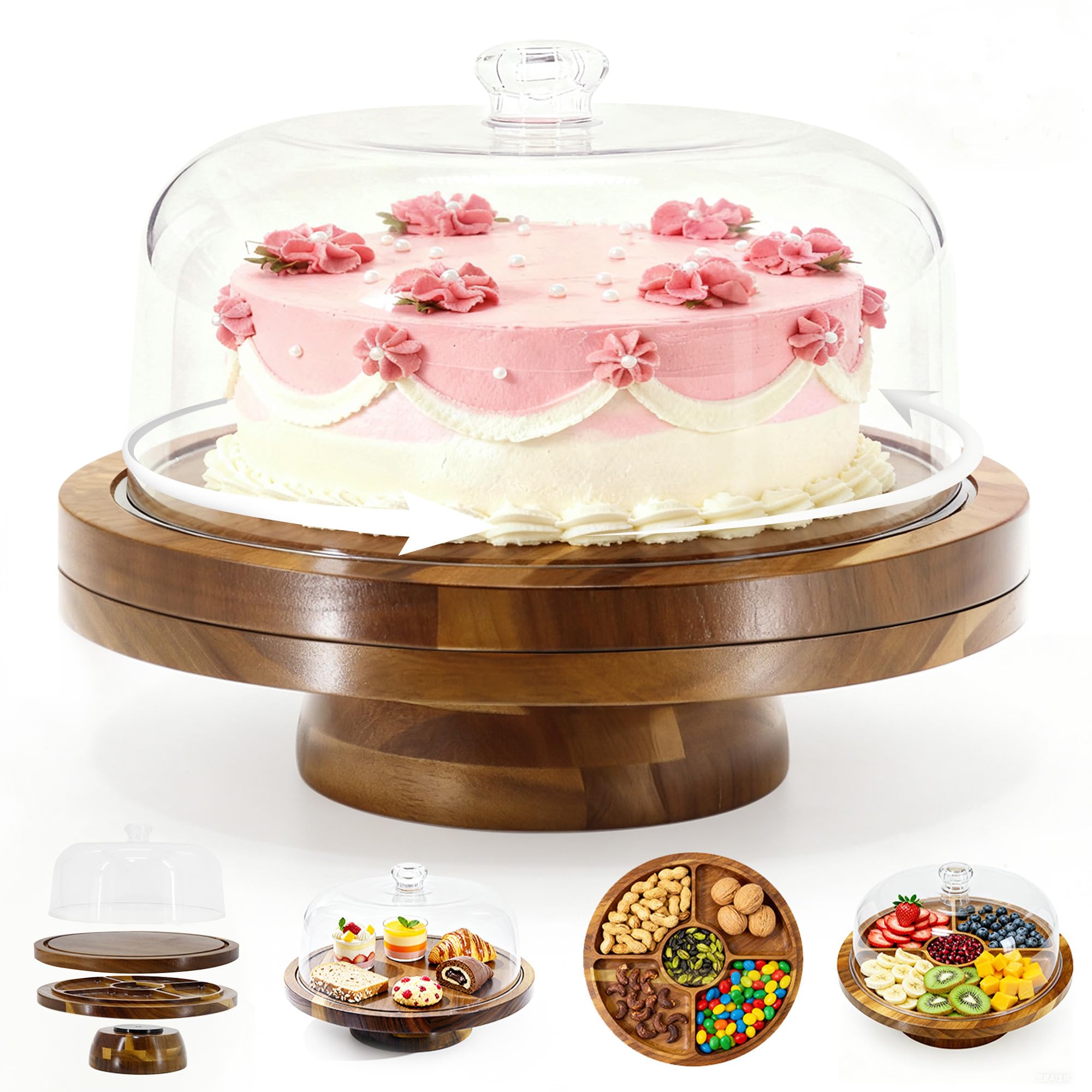 30cm Drehbar Tortenständer Tortenplatte, Multifunktional Holz Kuchenständer | Mit Deckel & Fuß & 4 Stück Gold Cake Board, Runde Drehteller für Küche Backen Hochzeit Party