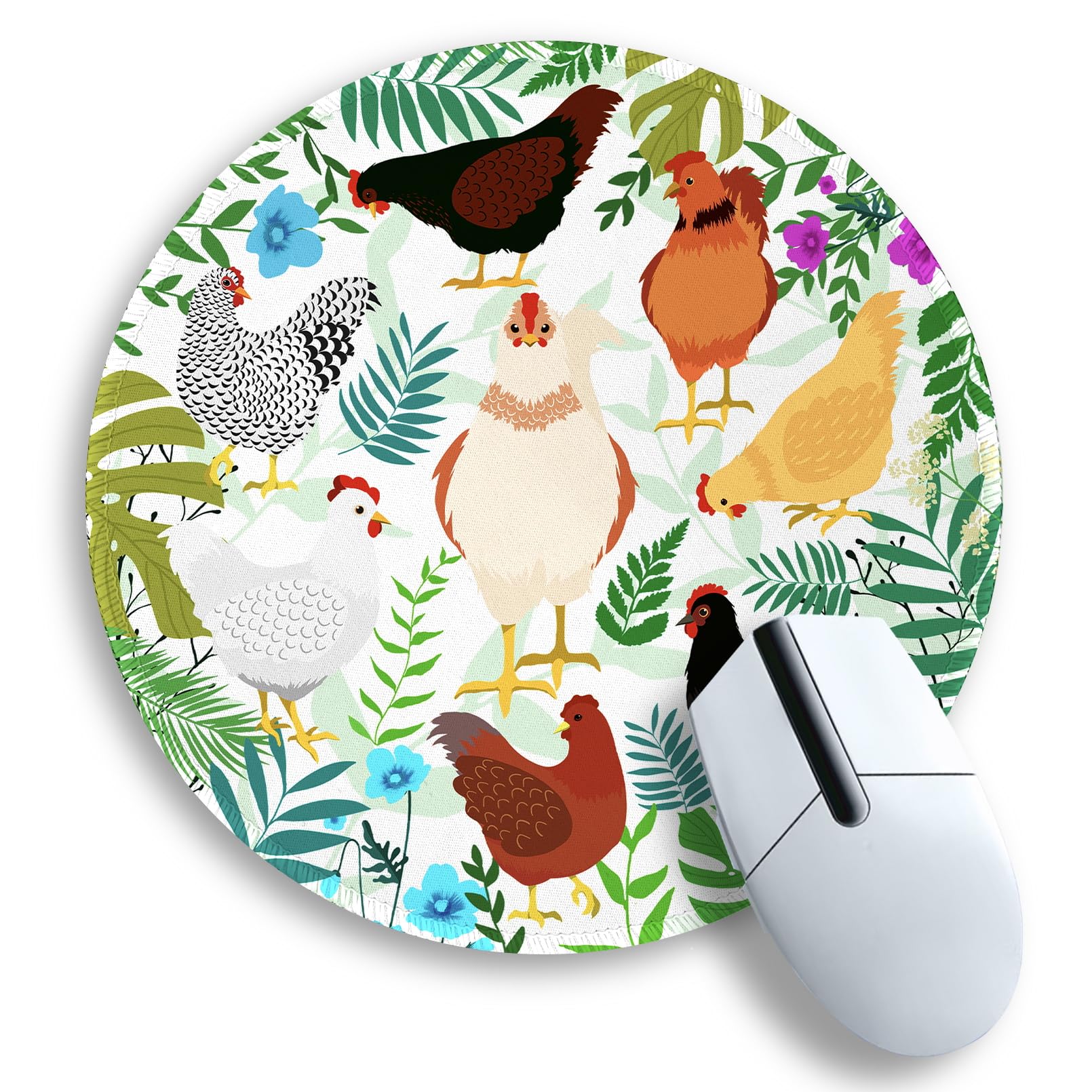 Gctriki Chicken Round Mouse Pad for Desk, Cute Office Decor for Women, Stitched Edge Non-Slip Rubber Base, Personalized Small Computer Mouse Pads for