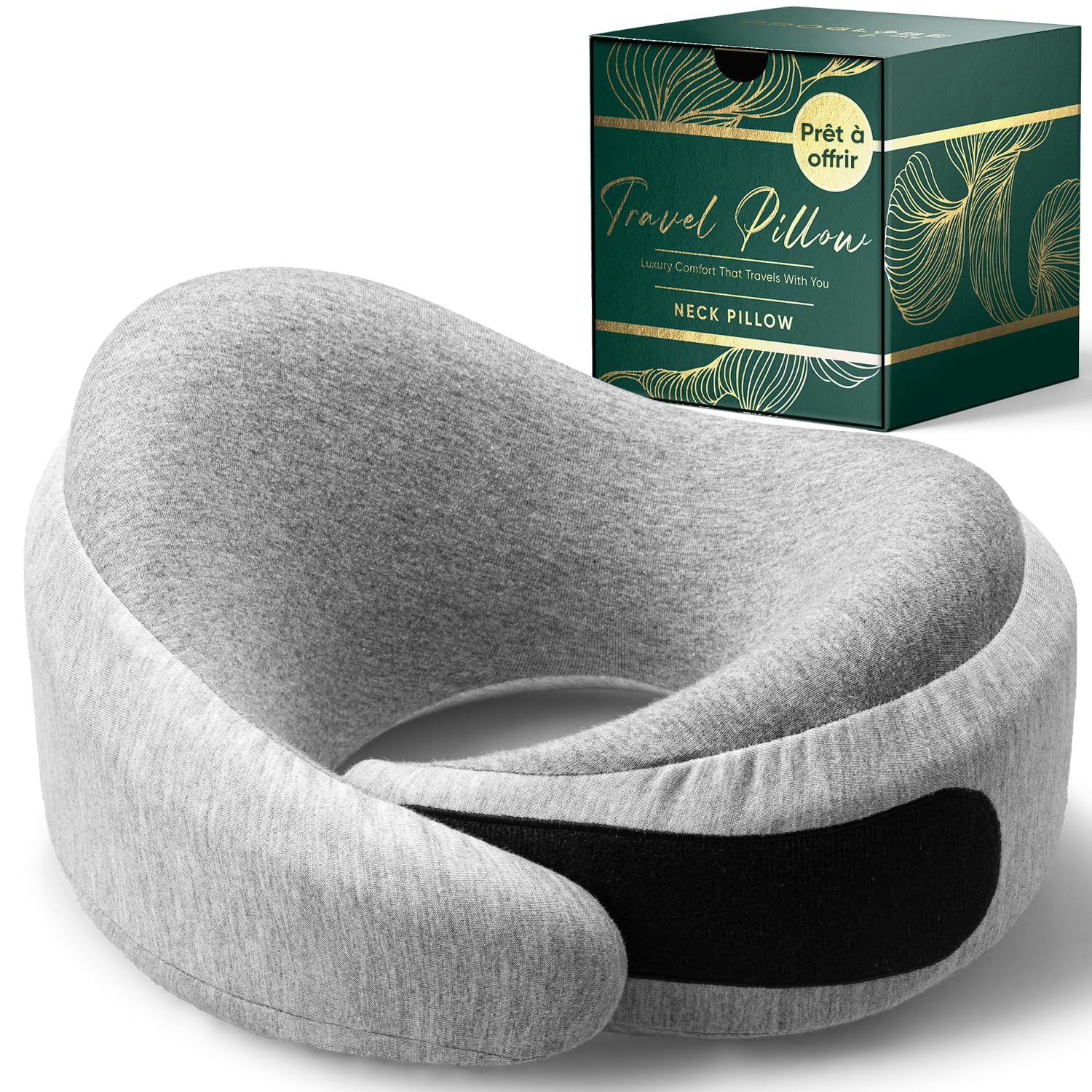 Proglobe Luxe Oreiller de Voyage Cervical 360° Avion, Gris Clair | Mousse à mémoire de forme, housse lavable en coton biologique et sac de transport compact.