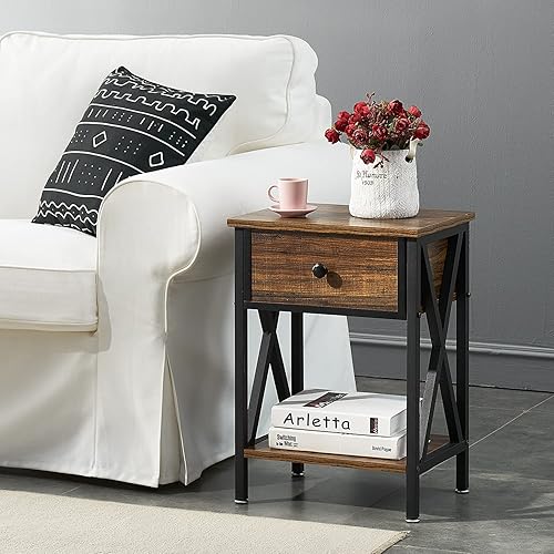 Miniatura 7 de VECELO - Mesas de noche para dormitorio, mesas de noche con cajón de almacenamiento, color marrón rústico