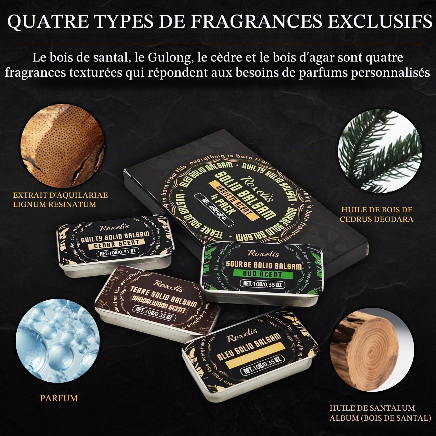 4 pièces Parfum solide pour homme, parfum masculin aux phéromones | vétiver, cèdre, sauge, santal, parfum pour homme automne-hiver, coffret de parfum format voyage, cadeau pour homme (4 x 10 g)
