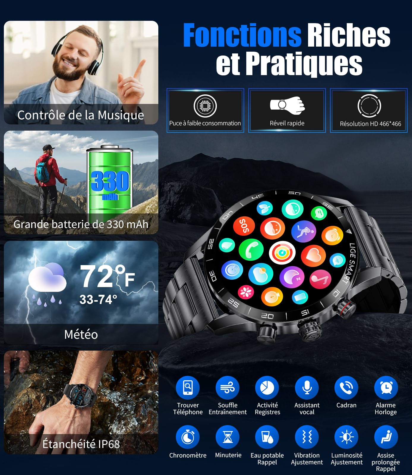 LIGE Montre Connectée Homme 1,43'' AMOLED, Appel Bluetooth, Assistant Vocal, 2 Bracelets, Autonomie 15 Jours, 124 Modes Sportifs Smartwatch iOS Android