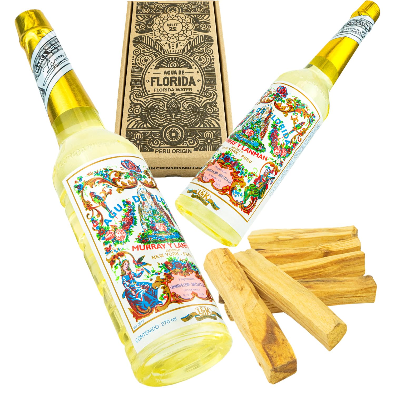 2 Eau de Floride du Pérou 100% Originale et 6 Palo Santo – Ensemble Complet de Nettoyage Spiritue