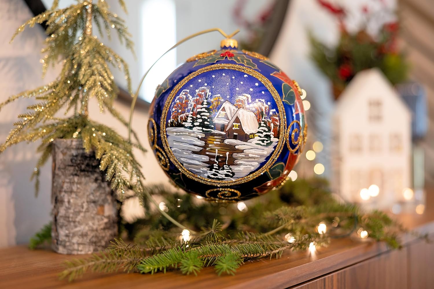 Sapphire Blue Christmas Ornament with Display Stand Polish Blown Glass Ball Hand Painted Extra Large Bauble 8 inch Ø/200mm Midnight Poinsettia