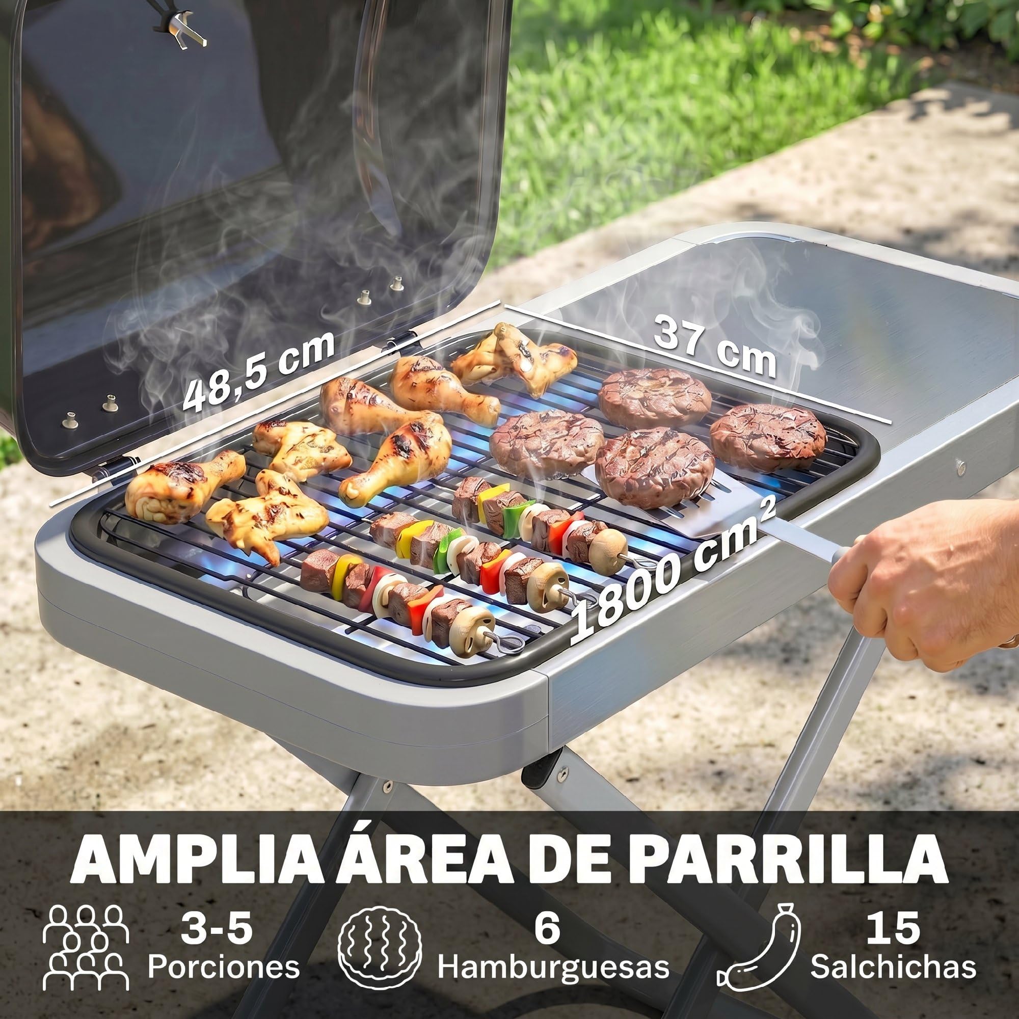 Outsunny Barbacoa de Gas Plegable, BBQ Gas con Quemador 2,5 kW, Barbacoa Portátil con Termómetro, Mesa Lateral, Parrilla de Hierro Fundido, Recogedor Grasa y 2 Ruedas para Jardín, Camping, Negro