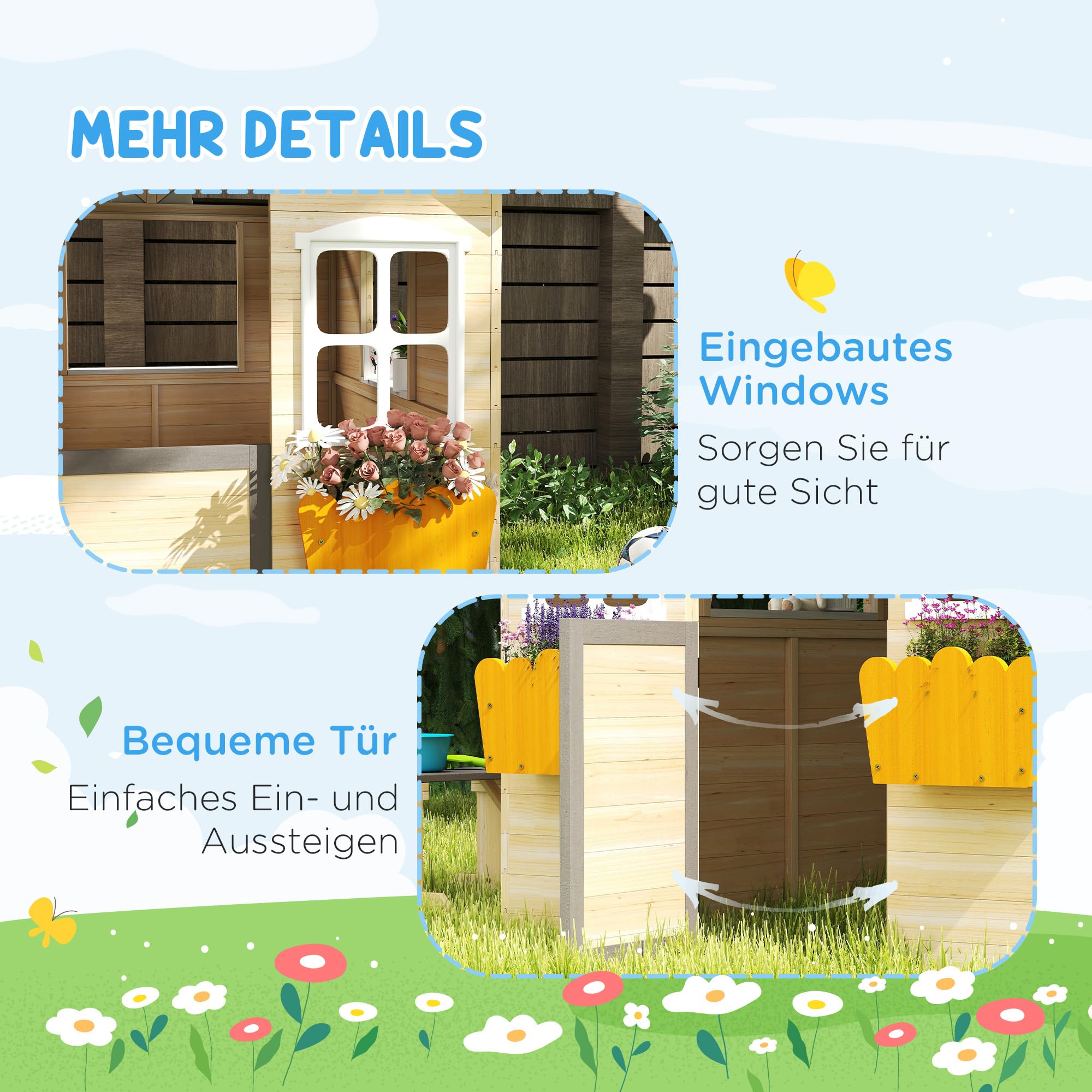 Outsunny Spielhaus Kinderspielhaus aus Holz mit Tür Fenster Briefkasten Blumentopfrack Gartenhaus für Jungen und Mädchen 3-7 Jahre Kinderspielzeug für Outdoor & Indoor Natur