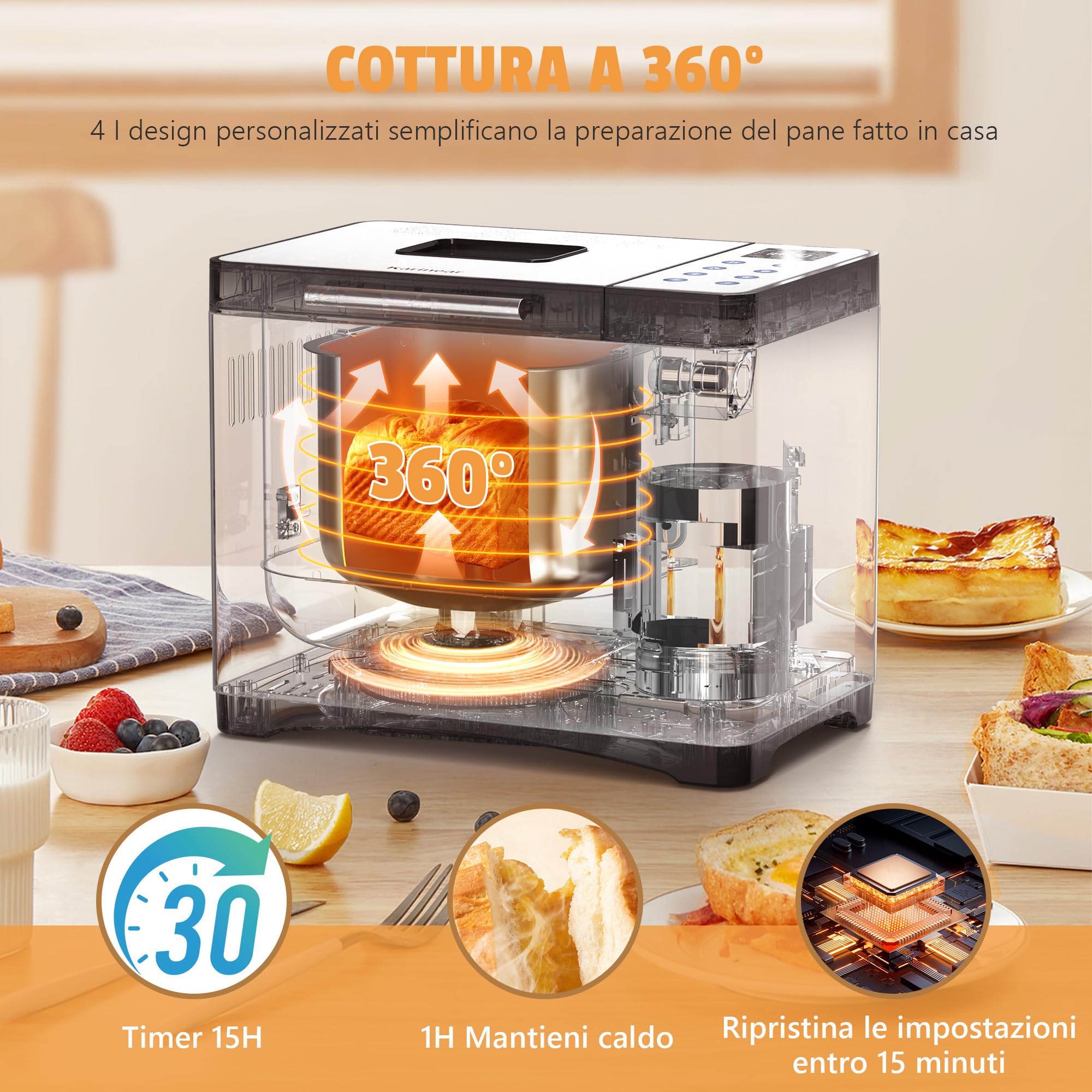 Karinear Macchina del Pane Automatica, Macchina per Fare Il Pane di 20 Programmi Cottura per 500g, 750g, 1kg, Timer da 15 Ore, Mantenimento, Display LCD, per Pizza, Pasta, Senza Glutine Cuocere, 650W