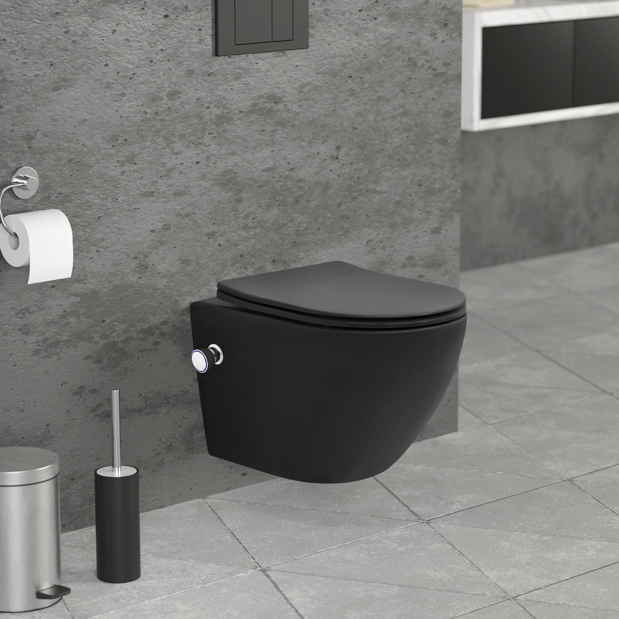 LuxeBath WC Suspendido con Función Bidé Negro de Cerámica, Inodoro Colgante 49 cm Corto con Cierre Suave Descarga Profunda de Tornado para Baño, Wáter con Asiento Extraíble y Tapa Brillante Softclose
