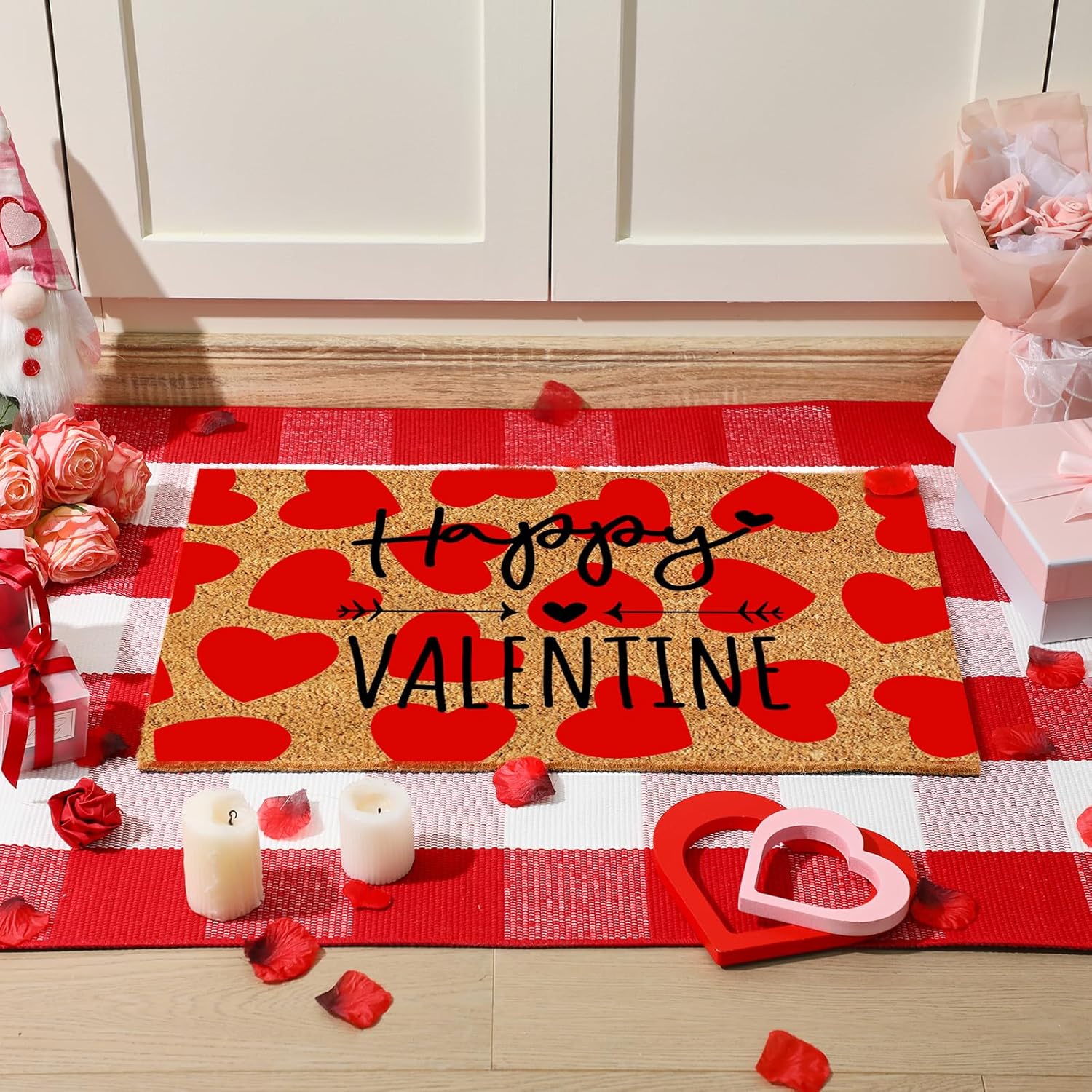 Moucuny 2 Pcs Valentine's Day Coir Welcome Doormat Valentine's Day Rug Outdoor Layered Buffalo Plaid Red and White Mat Red Heart Mat for Front Porch Outdoor Entryway