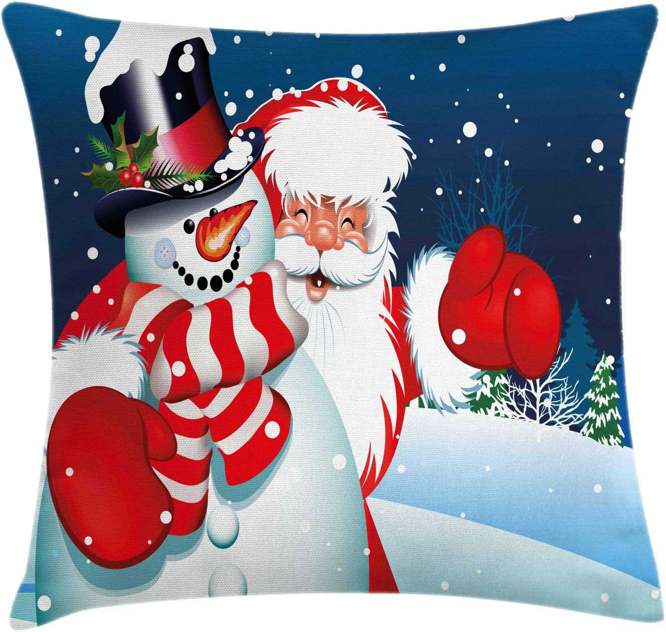 ABAKUHAUS Christmas Throw Pillow Cushion Cover, Smiling Santa Claus Hugging Snowman in Cartoon Style Winter Hills Fir Trees, Decorative Square Accent Pillow Case, 18 X 18 Inches, Blue Red White