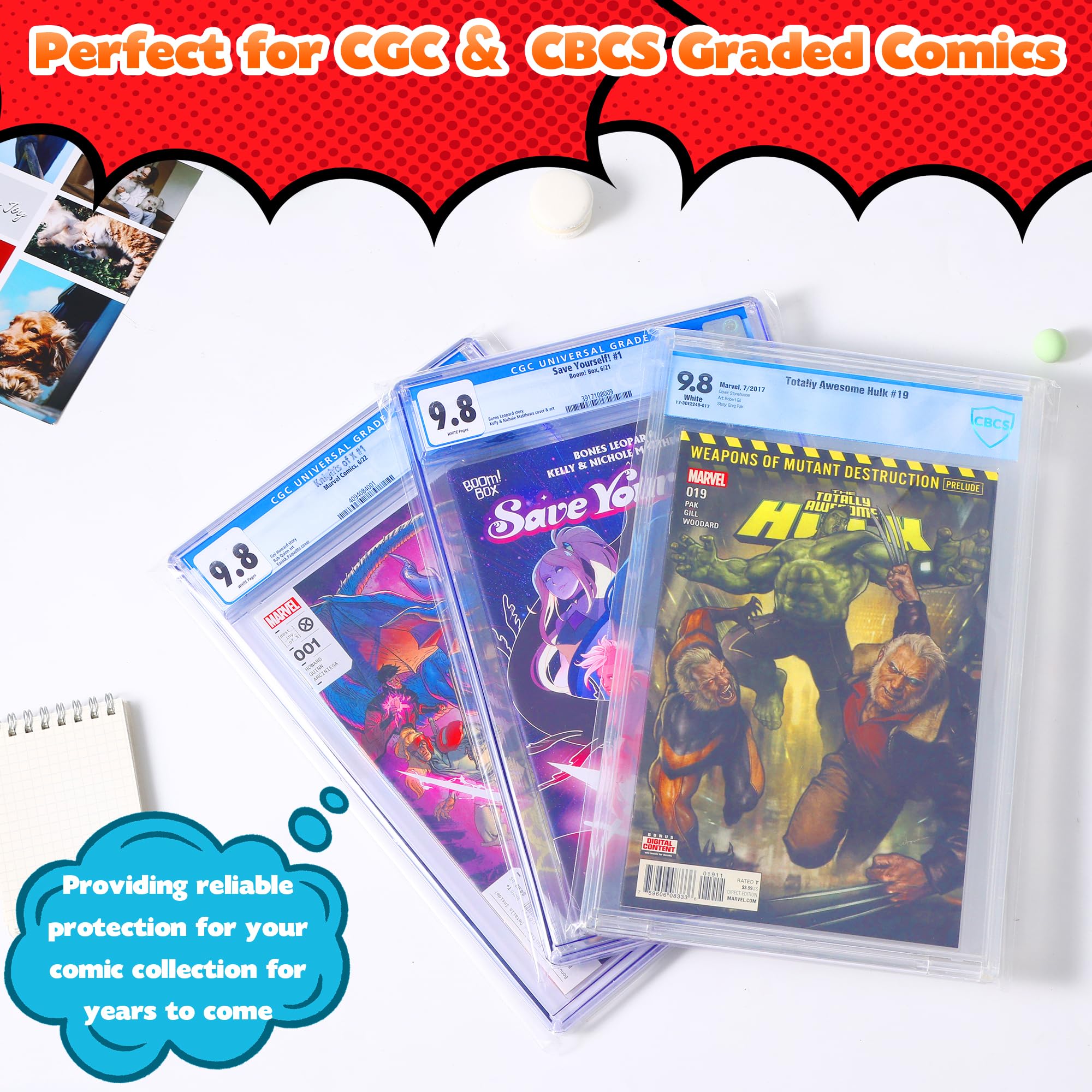 50 Pcs Resealable Graded Comic Book Bags,Clear Plastic Comic Sleeves for CGC and CBCS Slabs Collection Storage Protection