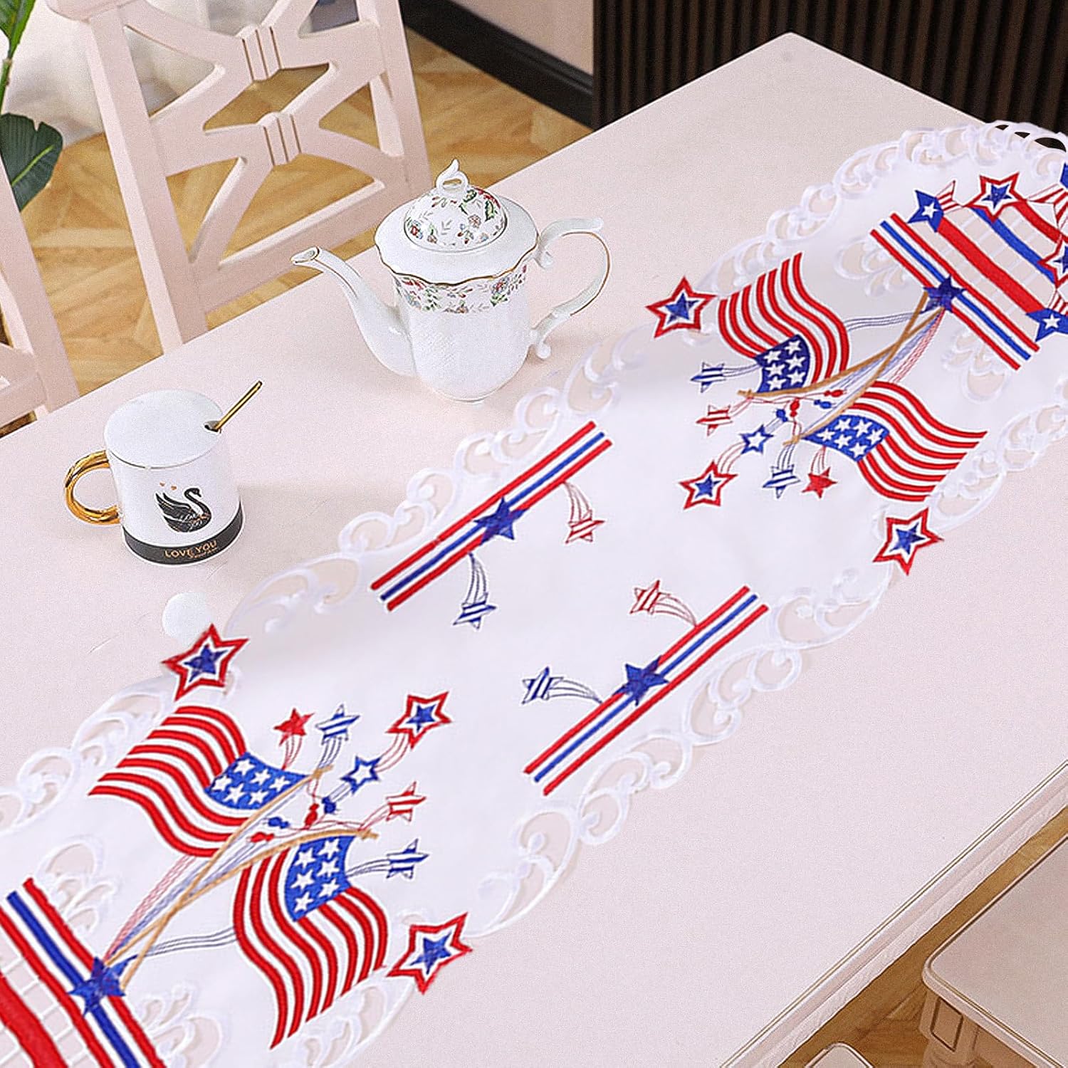Independence Day Decorations Table Runner,15*70" Embroidered July 4th Holiday Red White and Blue Patriotic Tablecloth with USA Flag Star for American Patriotic Memorial Day Kitchen Dinner Home Decor