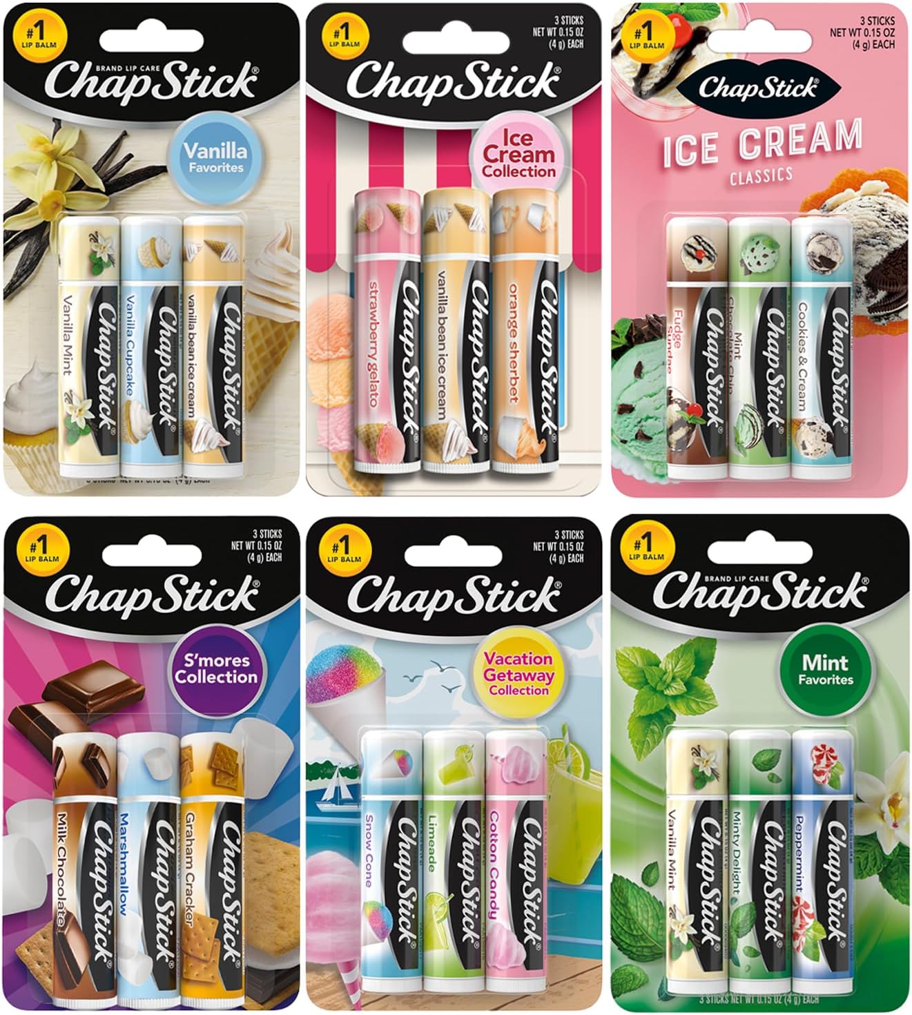 Lip Balm, Oh-So-Sweet Bundle, 18-Pack – Vanilla & Mint Favorites, Ice Cream, S’Mores & Vacation Getaway Collections, Birthday Gifts, Party Favors, 0.15 Oz Ea