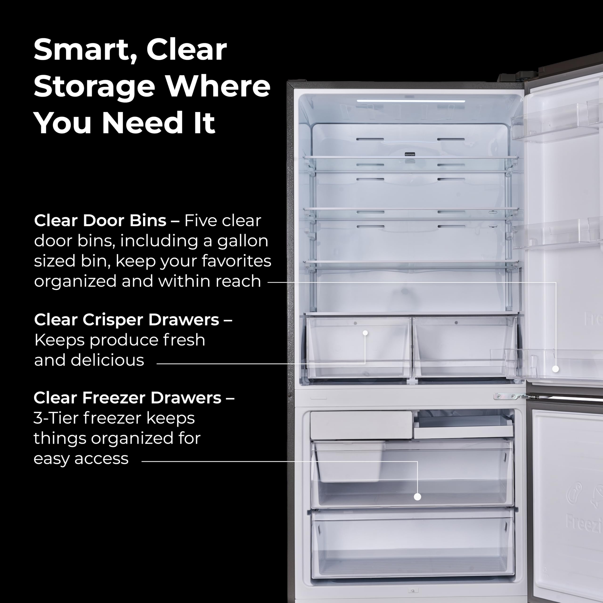 Kenmore 31" Bottom Freezer Refrigerator, Counter Depth - Ice Maker, Adjustable Shelving, Crisper Drawers, Energy Star Certified, 17.8 Cu. Ft. Capacity, Fingerprint Resistant Stainless Steel on Fridge.com - View 5