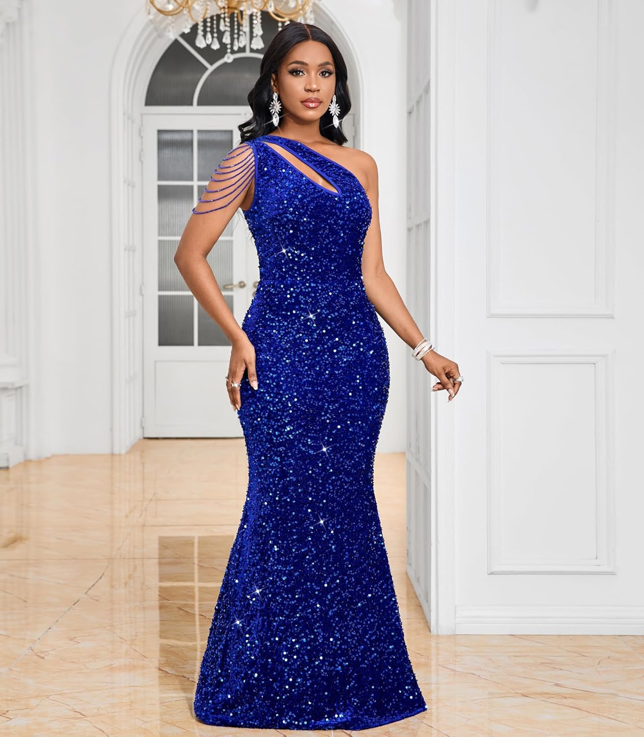 Cololura Women Sequin Elegant Sexy One Shoulder Tassel Mermaid Bodycon Cocktail Evening Dress - Image 4