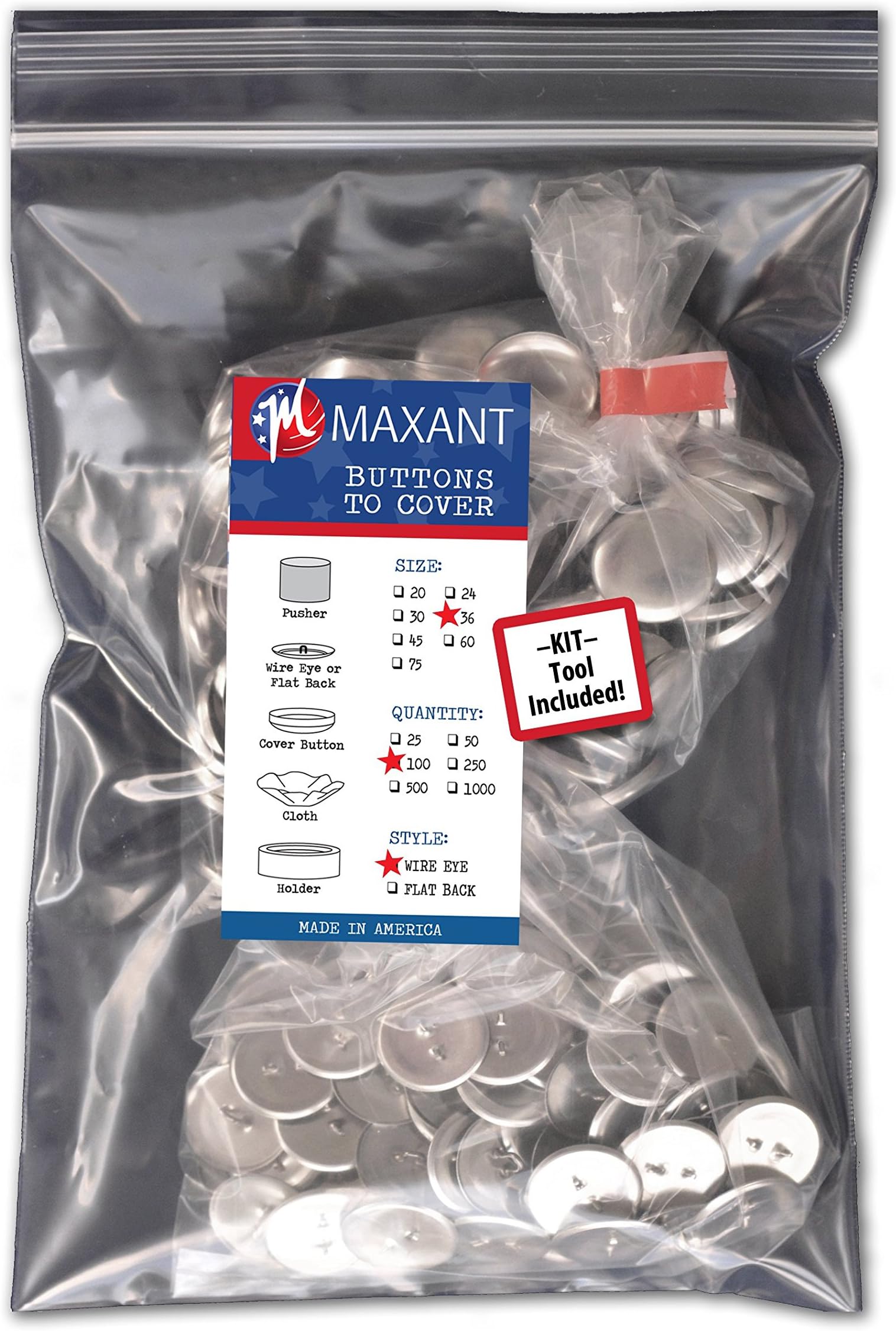 100 Buttons to Cover - Made in USA - Self Cover Buttons with Wire Eyes Size 36 with Tool