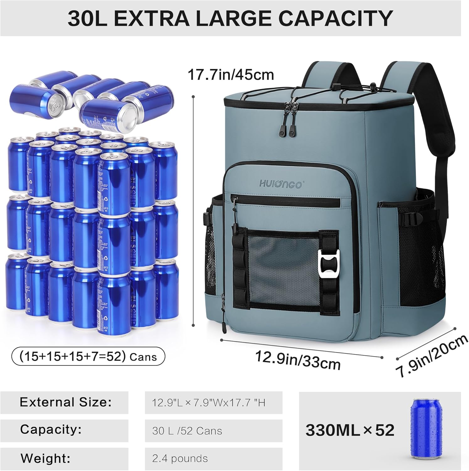 Hulongo Large 52cans Waterproof Insulated Cooler Backpack for Men & Women, Leak Proof Backpack Cooler, Soft, 8Gal