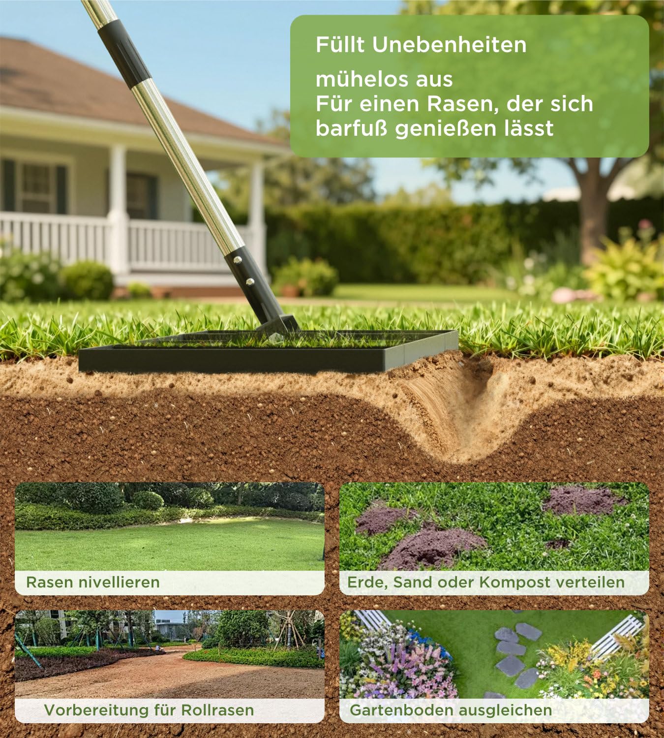 Rasenrakel 75x35cm mit Verstellbarer Länge, Rasen Rakel mit 1,8m Edelstahlstiel, Robuster & Kraftsparender Boden Rasenrechen, Perfekte Düngerverteilung für Garten Hof Golfplatz, zum Einebnen von Erde