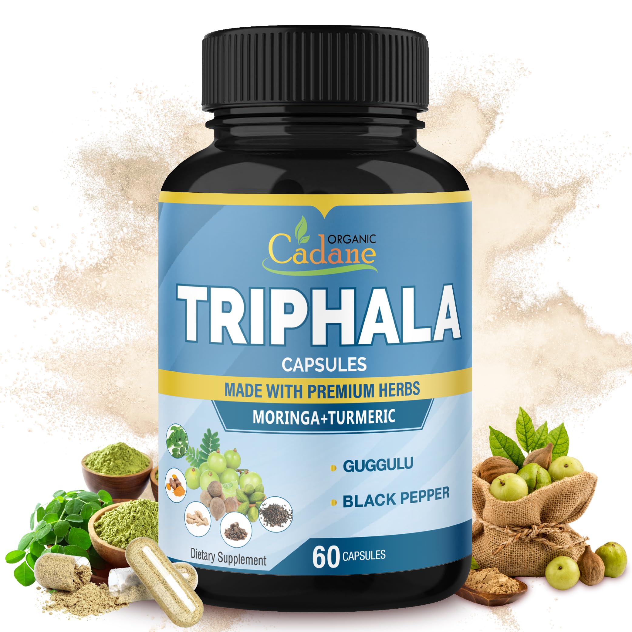 Organic Cadane Triphala Extract Capsules & Turmeric, Guggul, Ginger, Black Pepper, Moringa - Complex Supplement Herbs