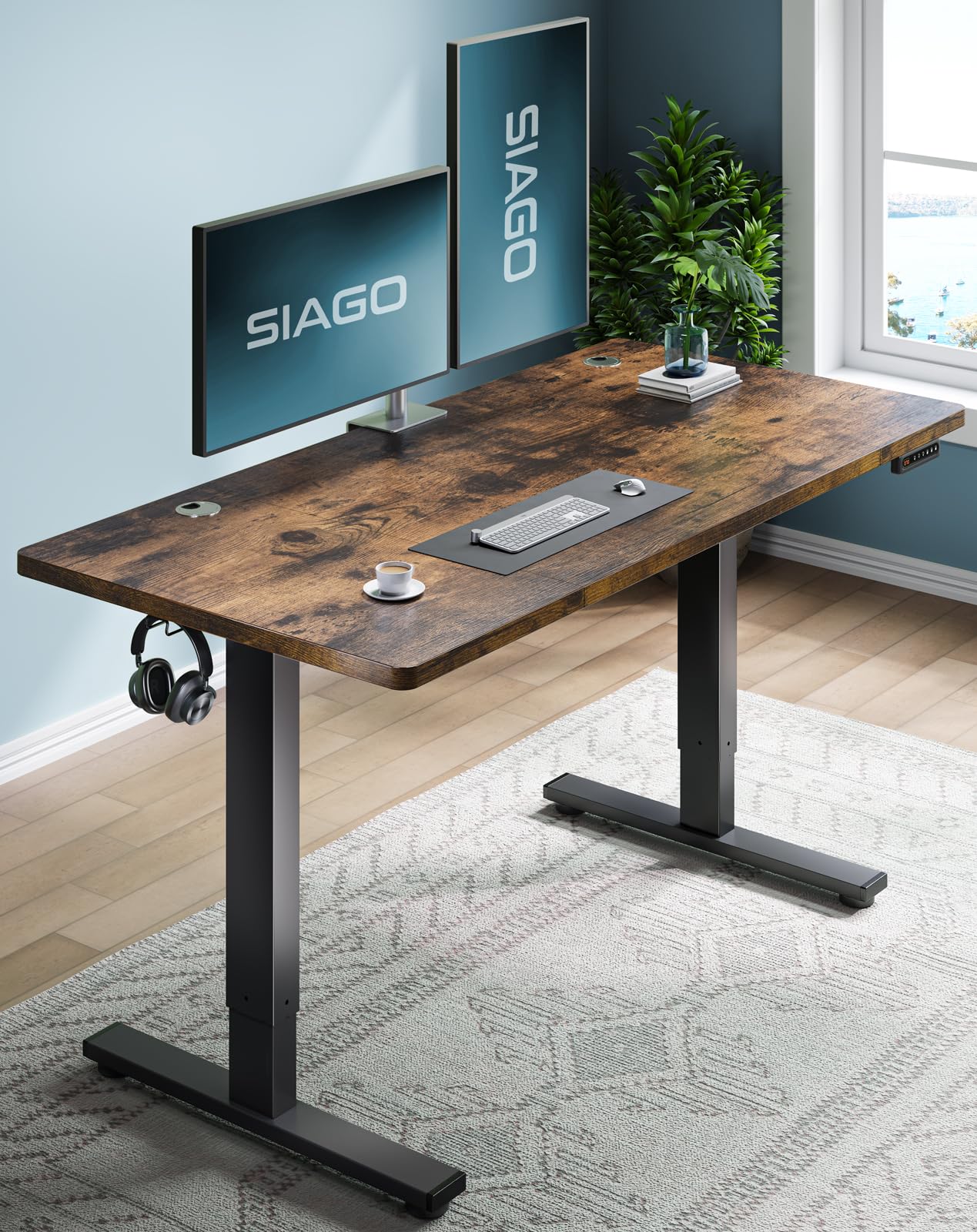 siago electric standing desk adjustable - 48 x 24 inch sit stand up desk with cable management - 3 memory preset adjustable height table