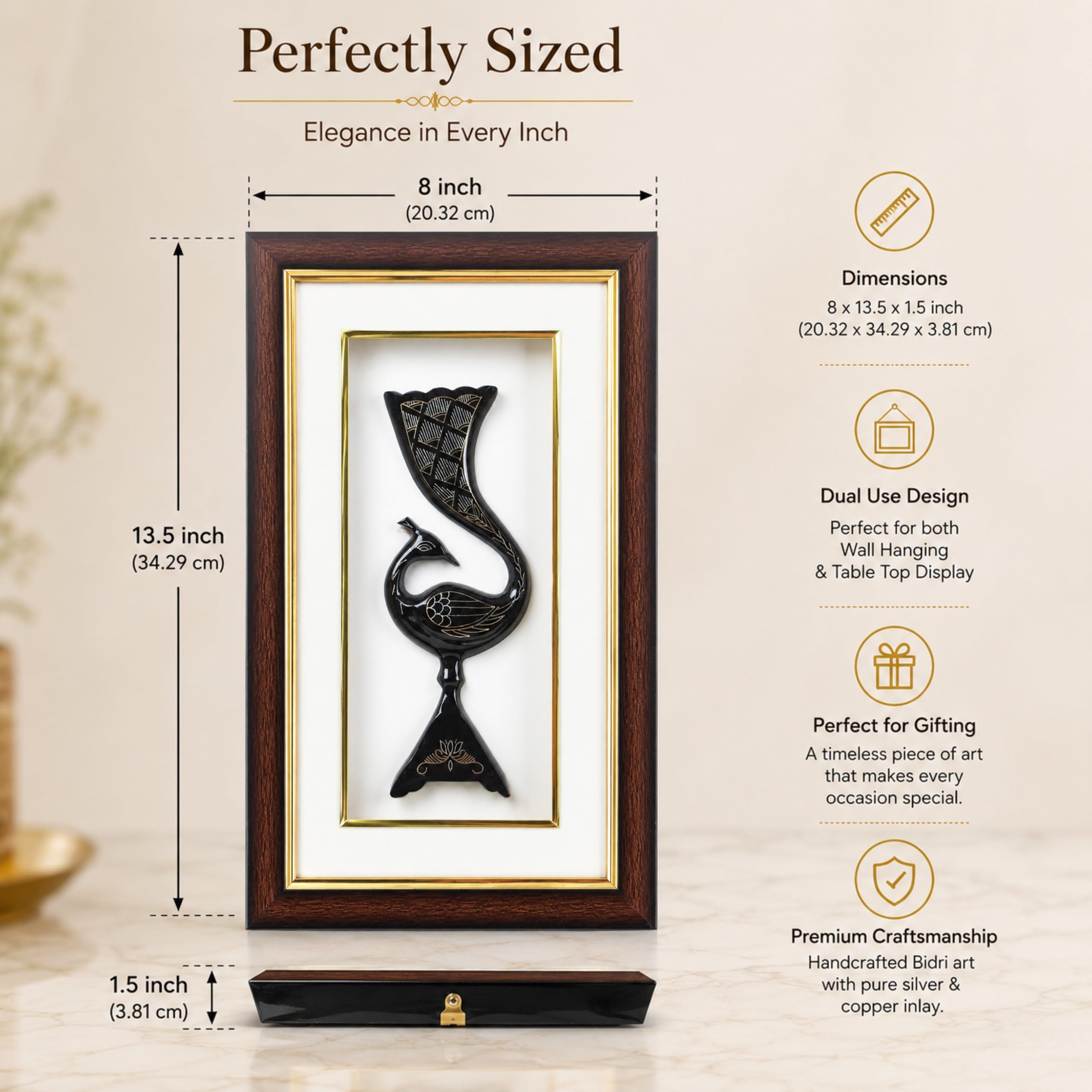 Handmade Bidri Art Peacock Wall Hanging and Table Top Decor Frame