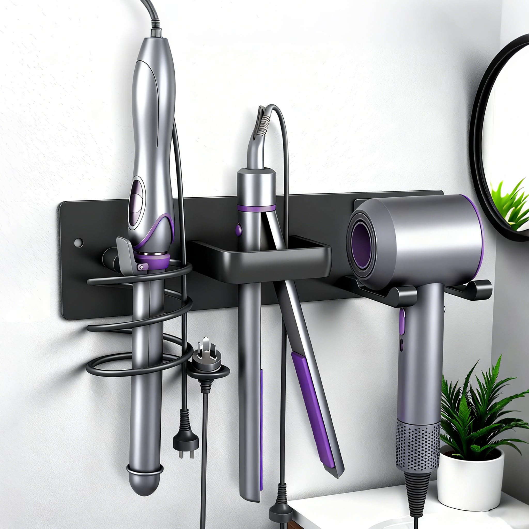 Blow Dryer Holder Wall Mount 3 in 1 Bathroom Hair Tool Organizer with Curling Iron Holder Flat Iron
