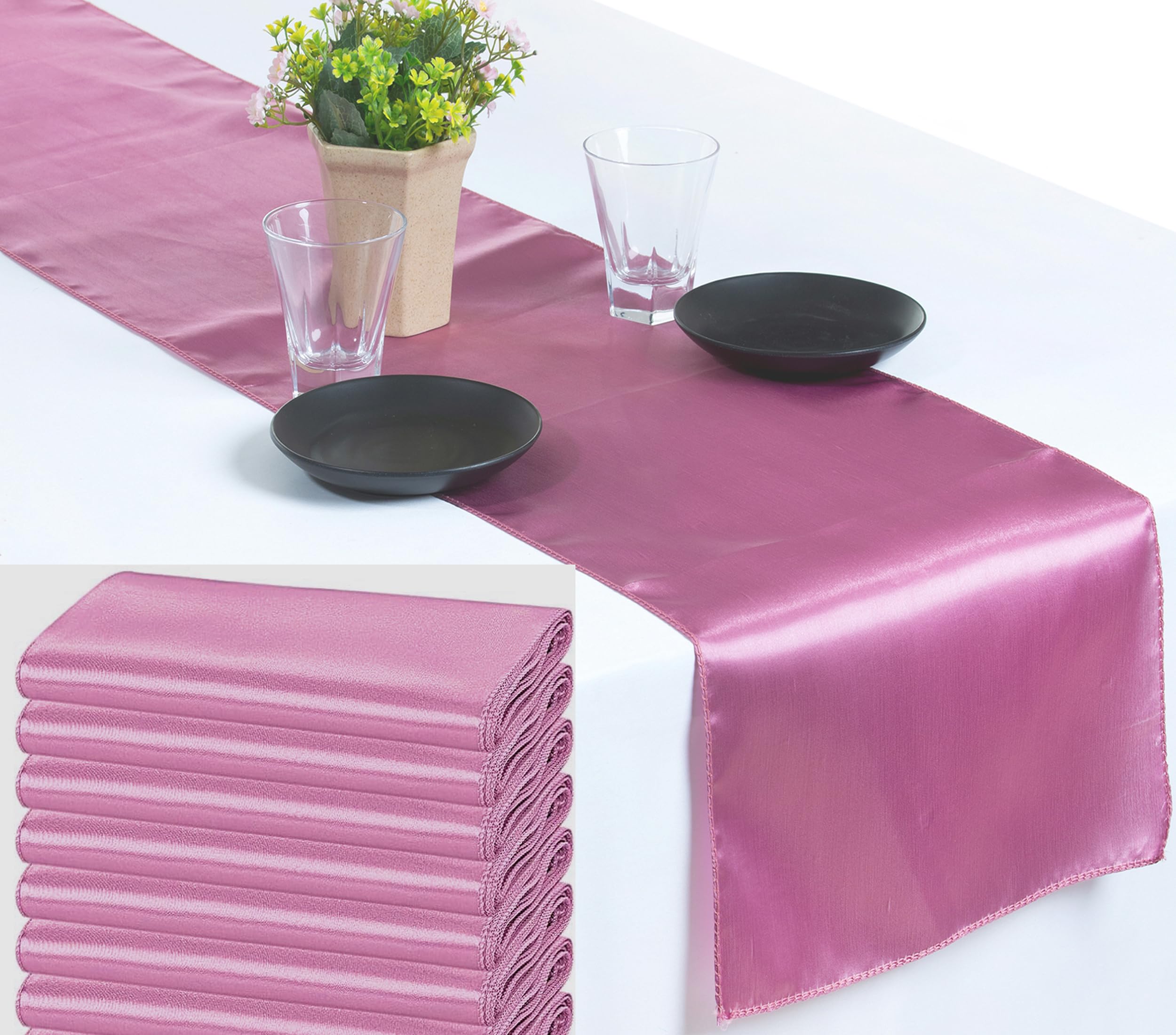 VDS Pack of 15 Satin Table Runners for Wedding & Party Décor 12” x 108”, Smooth Glossy Sateen Fabric Runner, Dining Table Decoration for Reception Banquet & Events Hotel Restaurant - Dusty Pink