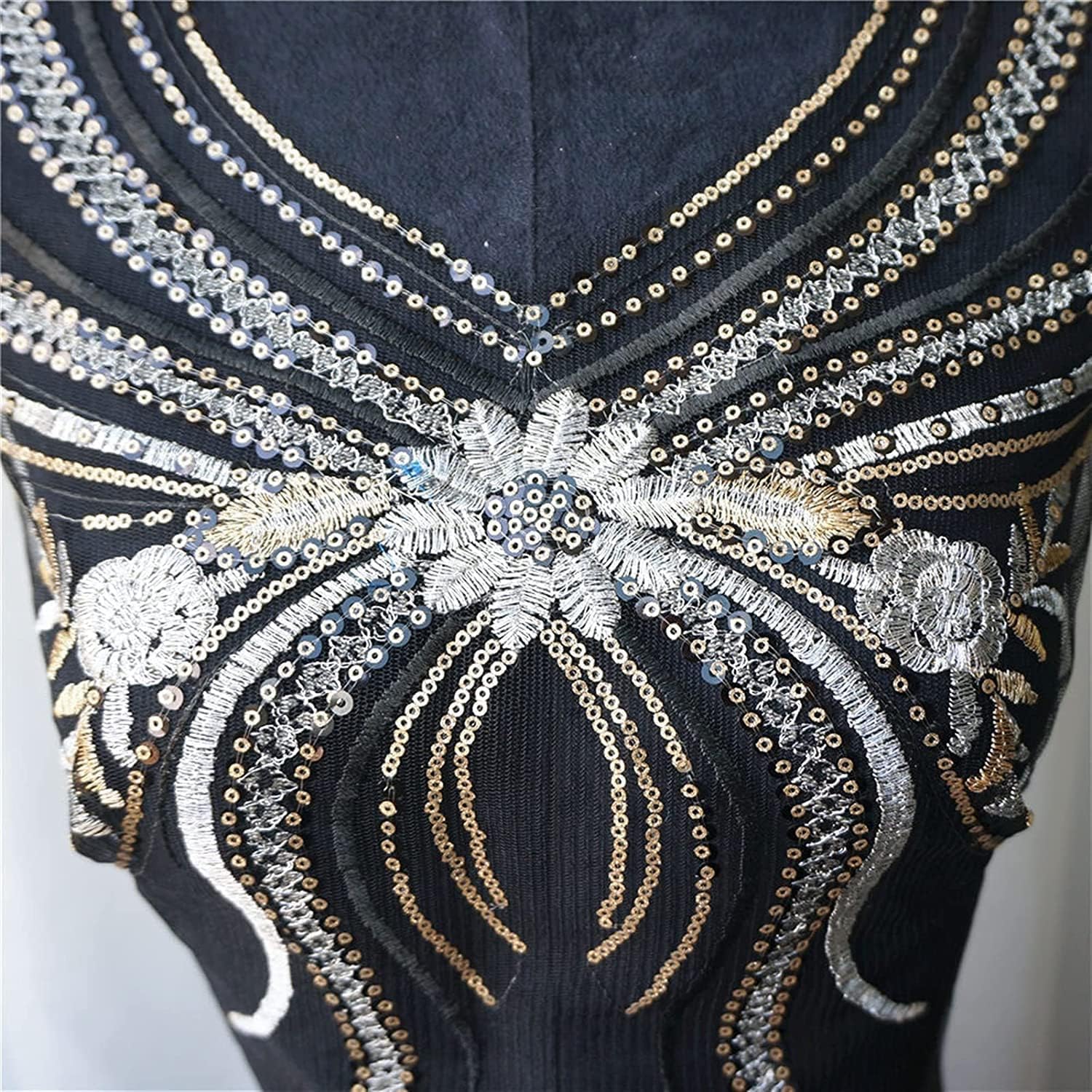 Appliqué Decorativi per Abiti da Cerimonia, Nappa con Paillettes Tessuto di Pizzo Nero Colletto a Fiori Abito