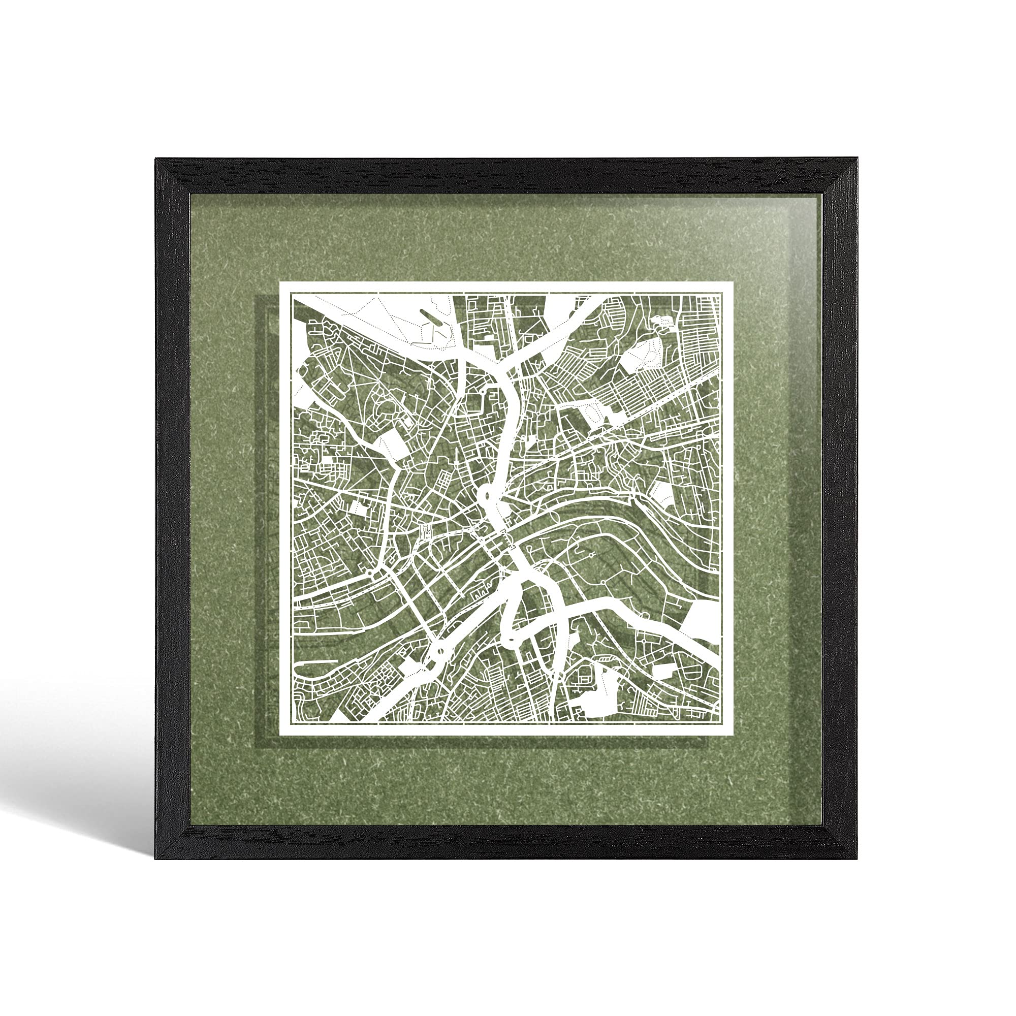 O3 DESIGN STUDIO Newcastle upon Tyne Paper Cut Map framed, White map, Black frame, 23x23 cm, Gift Boxed, 4 background color, self-changing, Paper Art