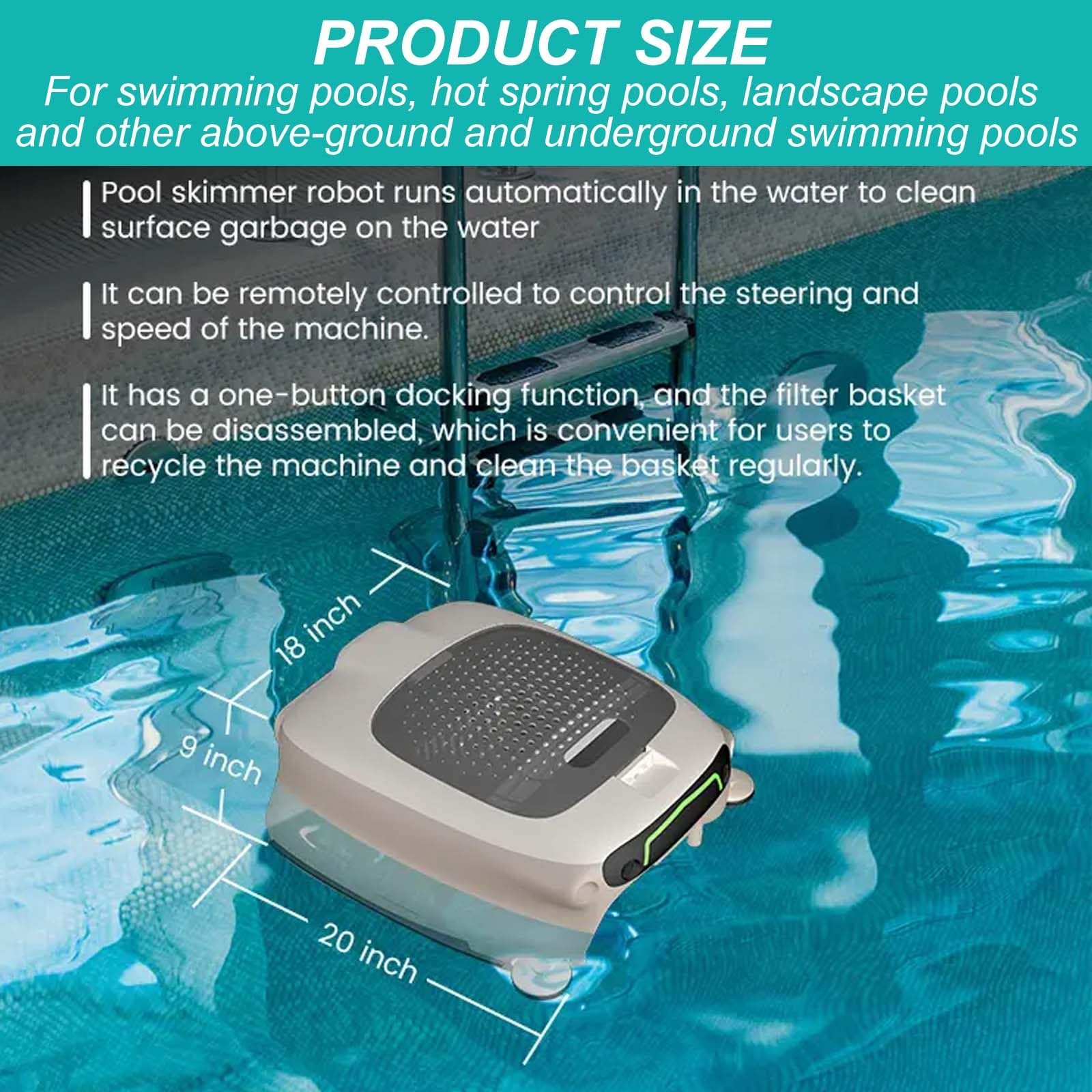 Pulitore A Skimmer Galleggiante per Piscine Fuori Terra/Interrate, Aspirapolvere Automatico per Piscine con Ricarica, con Cestino da 10 Litri