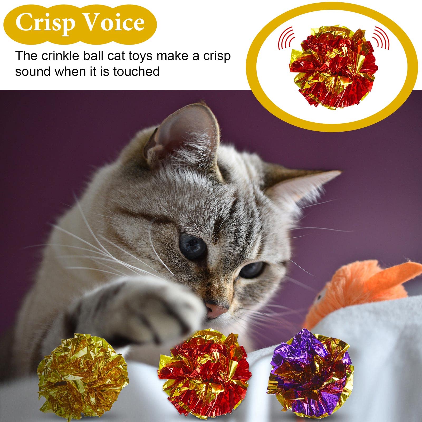 Jexine Lot de 104 jouets colorés pour chat en mylar de 4,4 cm - Balles interactives et légères - Jouets doux à mâcher et à chasser pour chat - Pour garder la forme et l'exercice