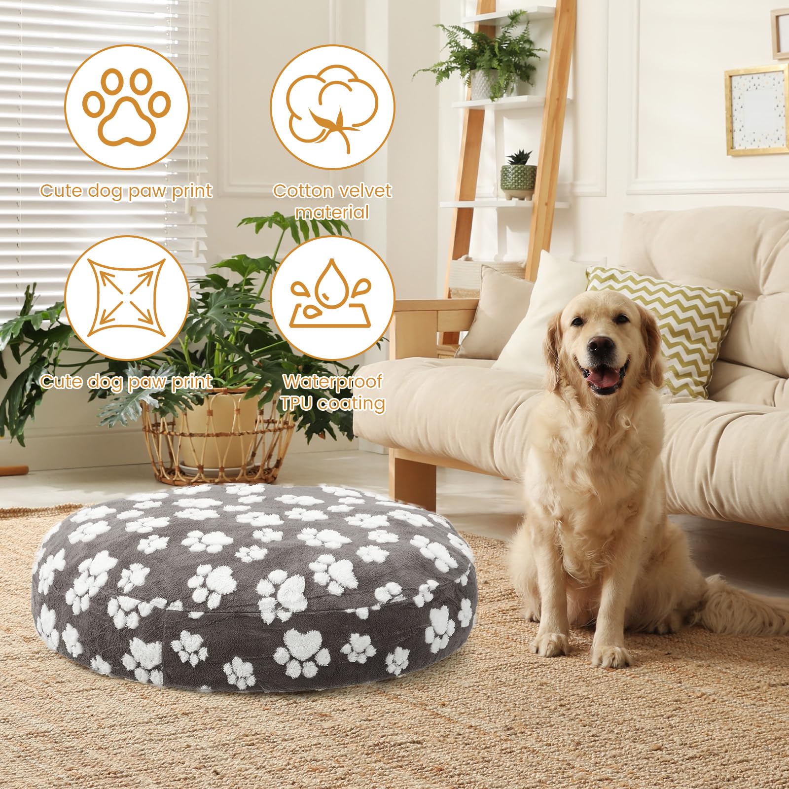 Funda de cama redonda para perro con bonita pata de perro, resistente y suave, forro polar de algodón, impermeable, funda de cama para mascotas con impresión y diseño de doble cara para mascotas (gris
