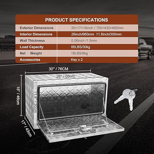 Miniatura 7 de VEVOR Underbody - Caja de almacenamiento para camioneta de 30 x 17 x 18 pulgadas, caja de herramientas de aluminio resistente con cerradura y