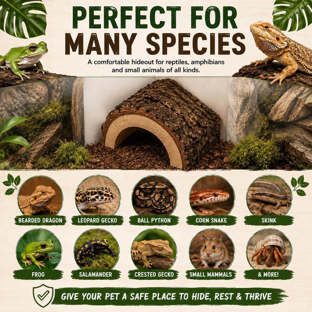 MAC’S Large Reptile Corner Half Log Shelter – Natural Wood Terrarium Cave for Lizards, Snakes, Frogs, Tortoises, Amphibians & Small Animals – Made in USA