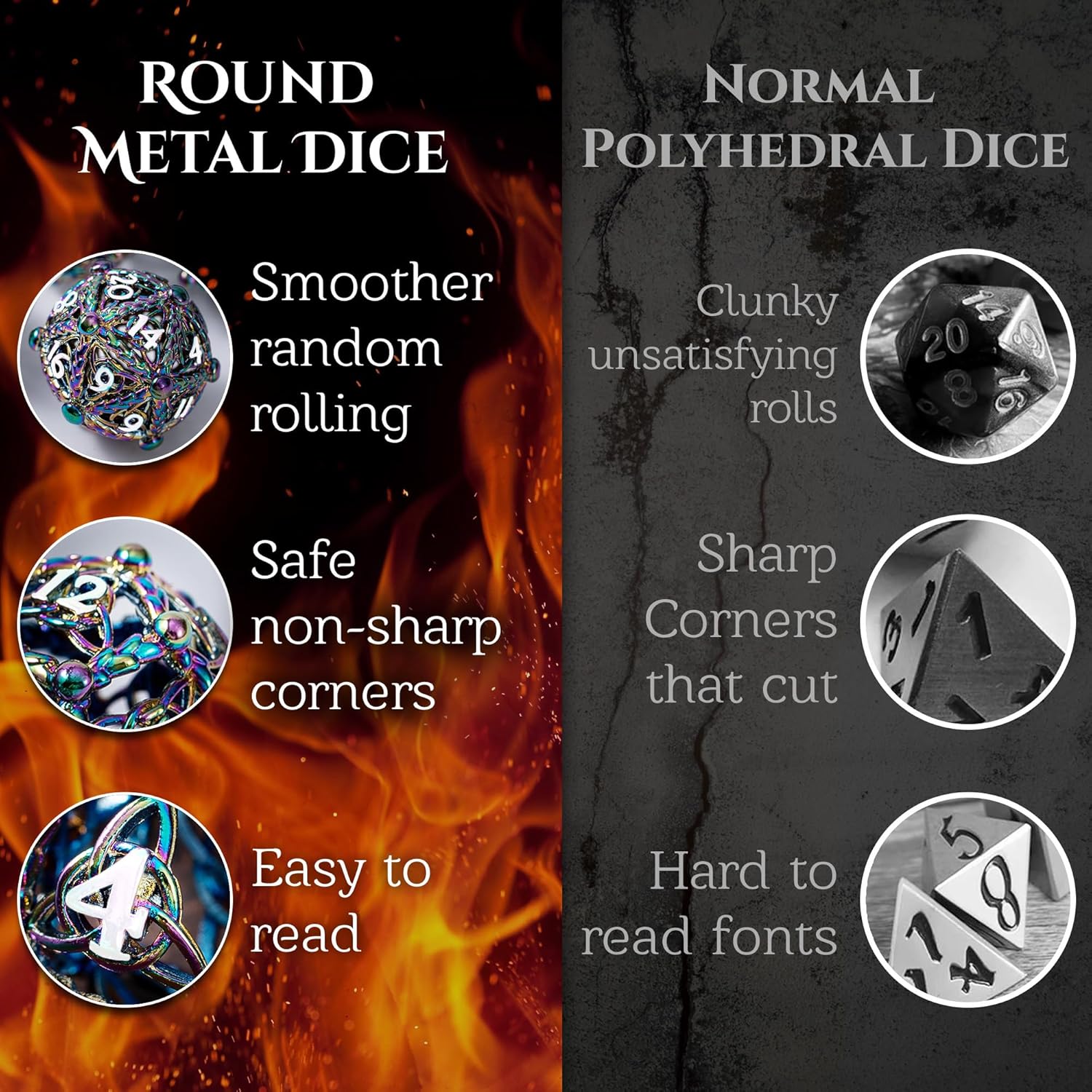 Metal Dice Set for DND - Unique Round Hollow Orb Design for Better Rolling - Beautiful Celtic Knot Set for Role Playing Games (RPG) - Stunning D&D Dungeons and Dragons Dice (Rainbow White)